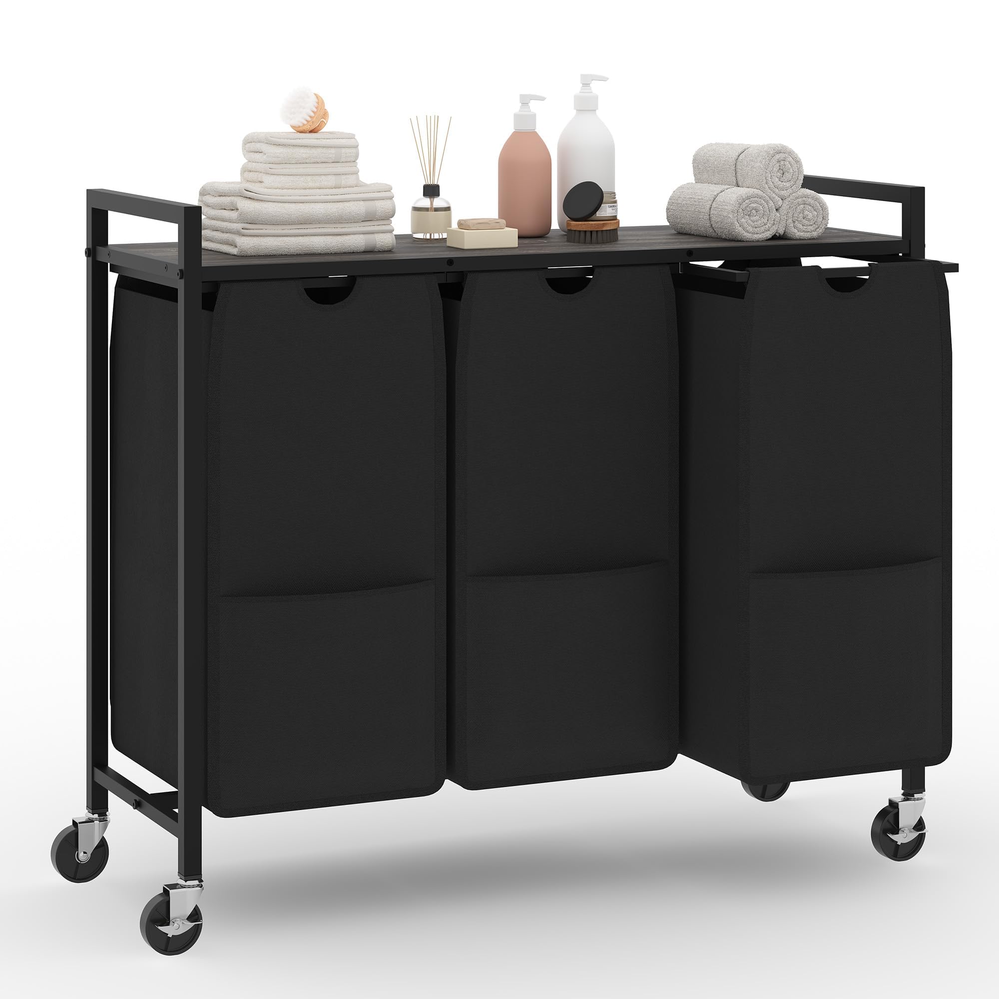 Panier à Linge 3 Compartiments, Meuble Linge Sale Avec Étagère 45kg, 3 Sacs Amovibles 13,6kg Chacun, Cadre Métallique Avec Roulettes, Salle De Bain Buanderie Chambre