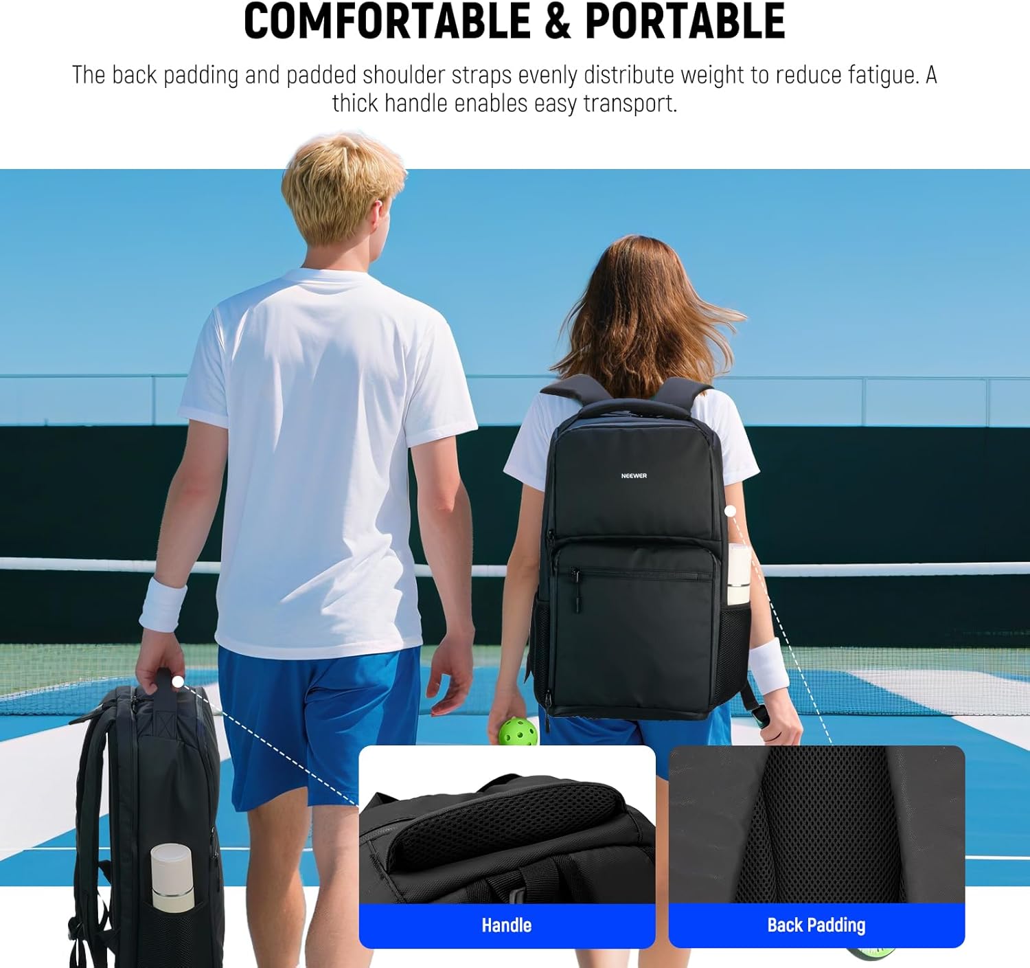 NEEWER Tennis Bag for Men/Women, Water Resistant Accessories Tennis Ball Pickleball Backpack with Shoe Compartment, Side Pocket - Image 7