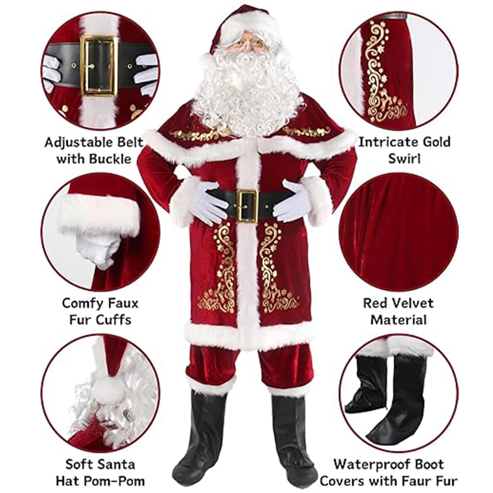GEMVIE Men's Santa Claus Costume Adult Deluxe Christmas Costume Santa Outfit Xams Party Cosplay Santa Suit 11pcs Set - Image 3