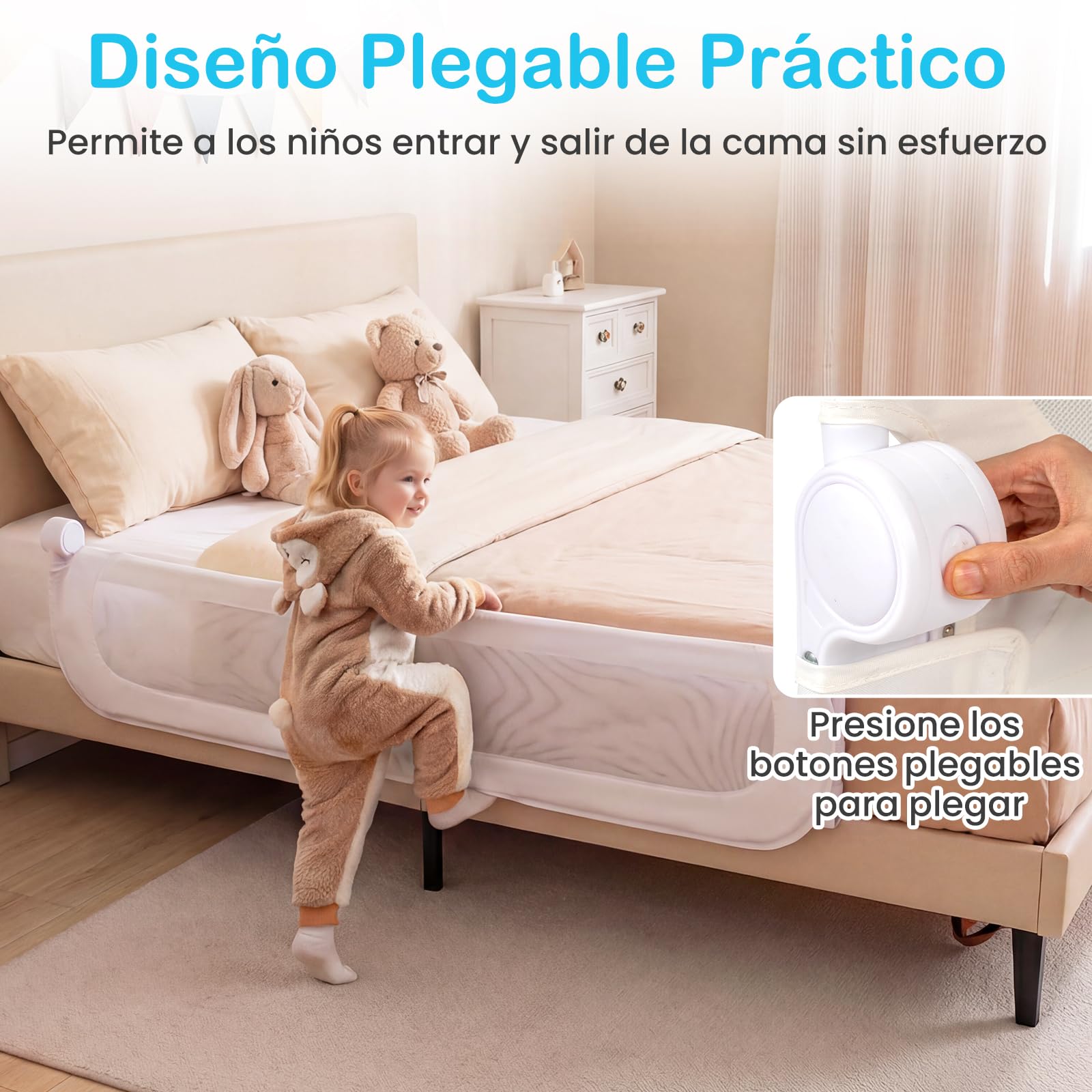 COSTWAY Barrera Seguridad Niños, Barandilla Plegable para Cama, Barandilla de Seguridad Ajustable dcon Funda Extraíble de Tejido Oxford y Base Robusta en Forma de U (Blanco,150 x 60 cm)