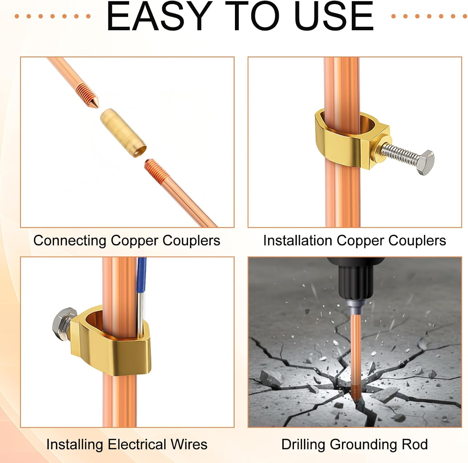 Zonon 2 Pcs 8 ft Ground Rod Kit - 5/8 Inch Plated Clad Copper Grounding Rod with Clamps for Electric Fences, Satellite Dishes, Generator Grounding Earthing