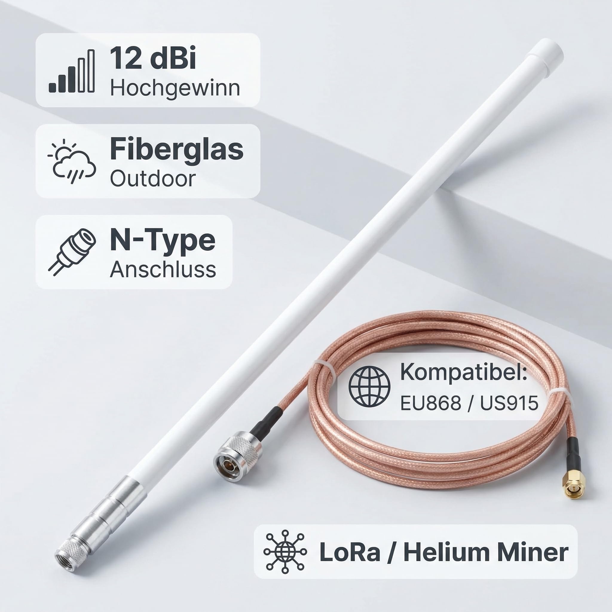Outdoor Fiberglas Antenne, LoRa Helium Miner Outdoor, 12 Dbi RAK Wireless Antenne Helium, für Sensecap EU868 US915, N-Typ-Stecker