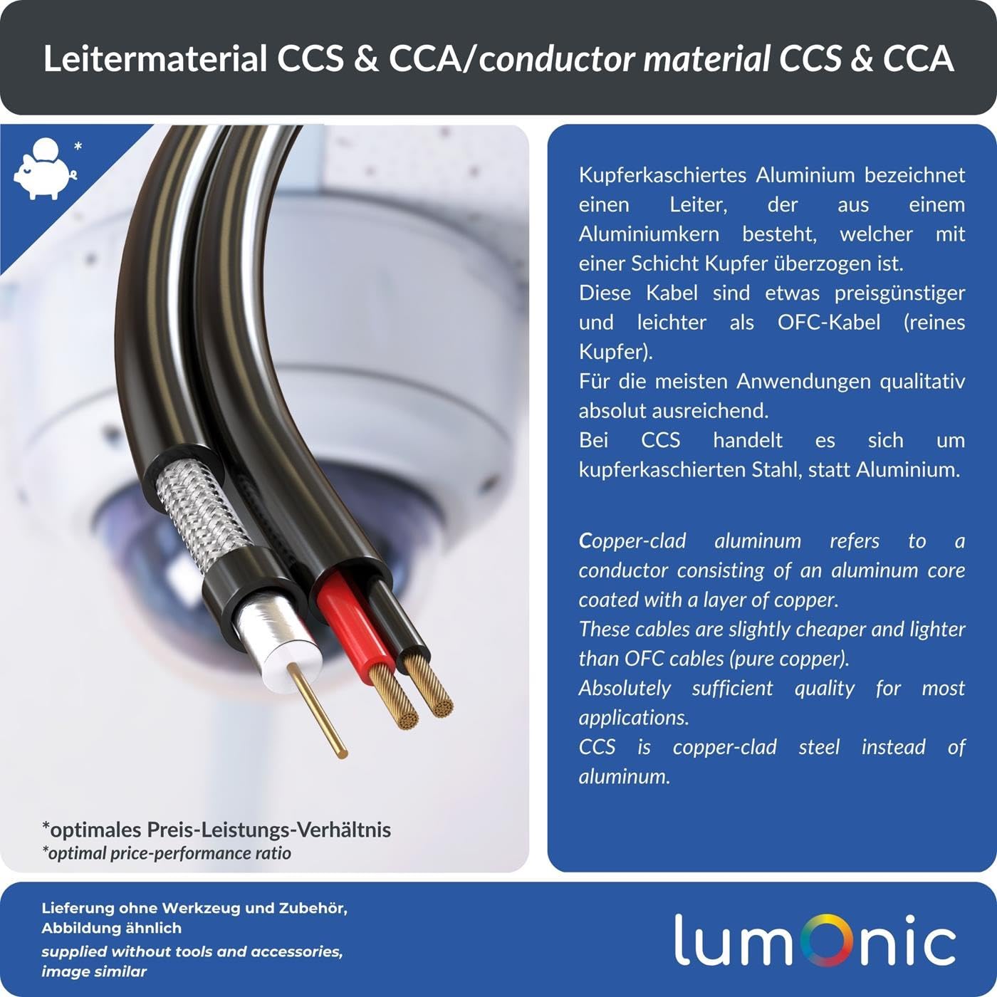 Lumonic RG59 RG59 Câble coaxial + Ligne électrique 100m | Câble de surveillance CCTV avec alimentation | Câble combiné 75 ohms, double blindage, 90dB Amortissement, Vidéo + Électricité