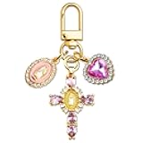 OWIGIU Cross Keychain Purse Charms for Handbags Jesus Car Accessories Christian Pink Virgin Mary Keychain Accessories for Women Gold Crystal Rhinestones Charm Pendant