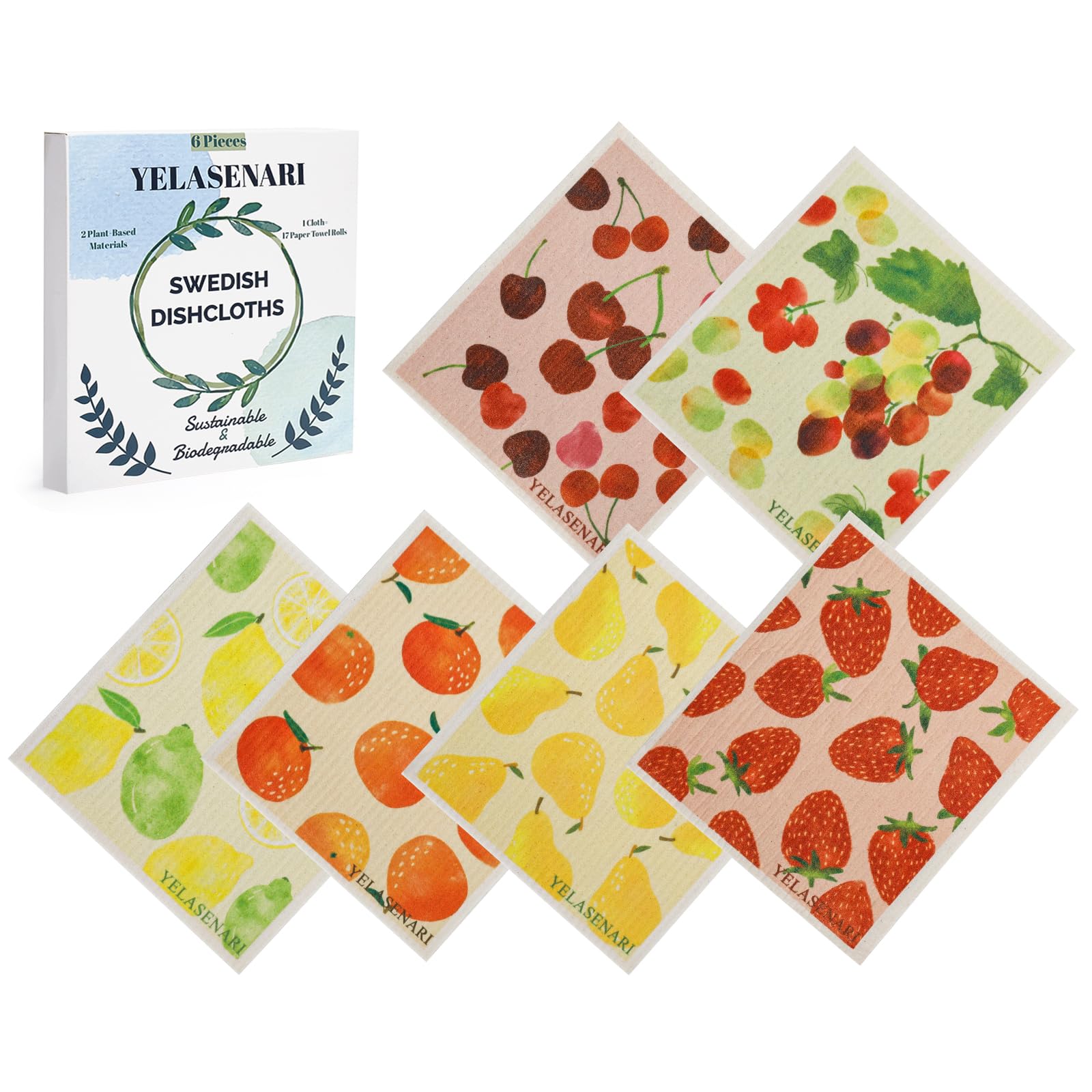 Yelasenari Swedish Dishcloths for Kitchen Reusable 6 Pack Kitchen Towels No Odor Quick-Drying Papaya Reusable Paper Towels Reusable Paper Towels Washable for Countertop, Sink, and Kitchen Fruit