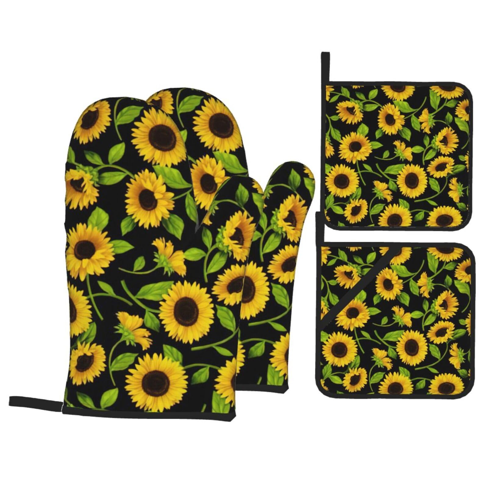 Beautiful Sunflower Print 4-Piece Oven Microwaving Set Waterproof Kitchen Gloves for Baking Grilling Cooking