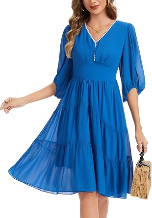 Kormei Womens V Neck 3/4 Sleeve Boho Flowy Short Dress Wedding Guest Party Casual Chiffon Mini Dresses