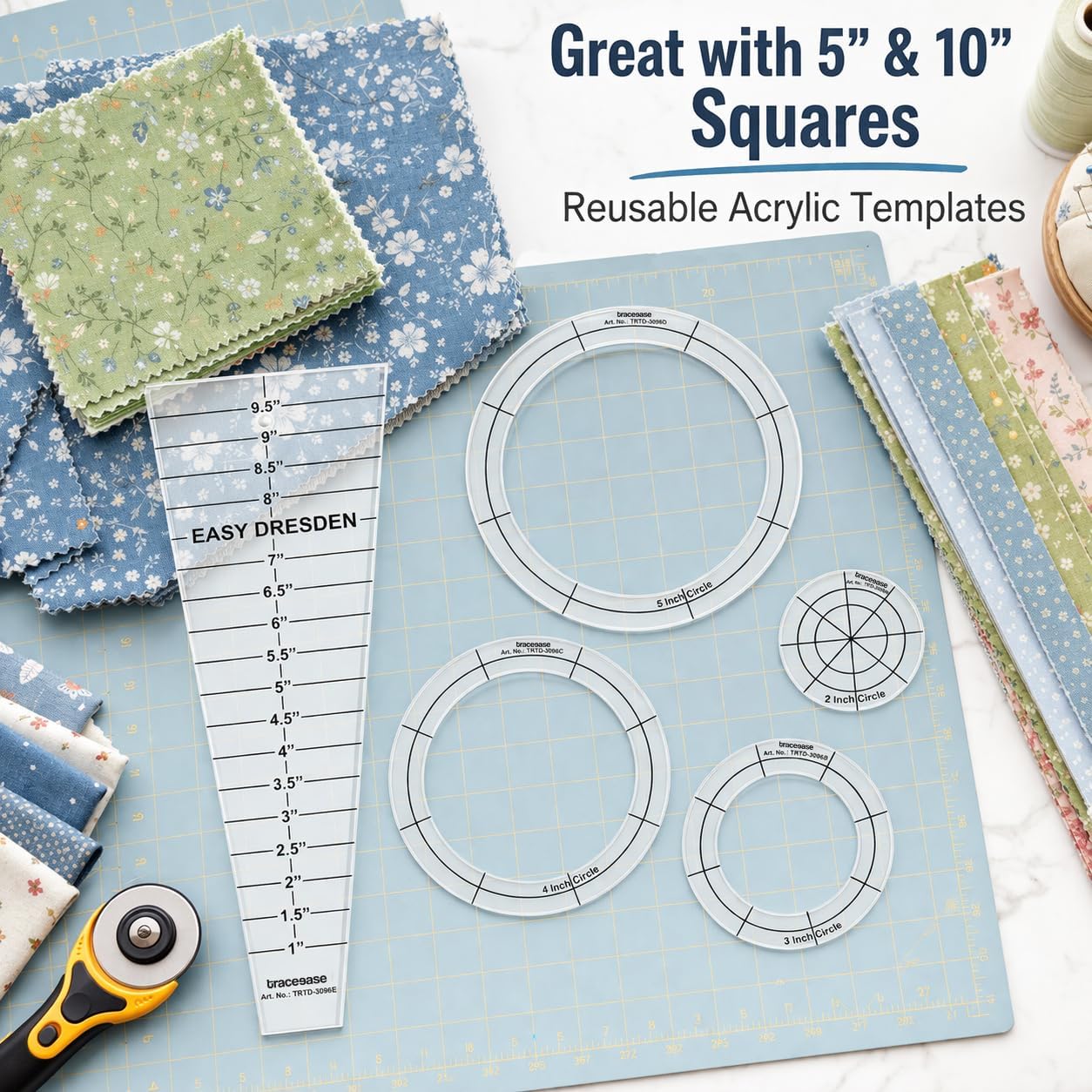 Traceease 5 Pcs Clear 4mm Acrylic Quilting Template Ruler Set, 10 Inch Dresden Plate Template with 4 Round Quilting Templates for Patchwork, Blanket Making, Sewing, Clothing Craft and DIY