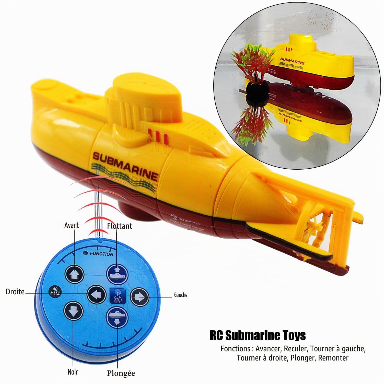 E-MART Escomdp Mini RC sous-Marin Radio Télécommande Bateau Bateau Électronique Jouet Plongée dans l'eau Cadeau pour Enfants (Jaune)