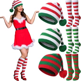 Suhine 6 Pcs Christmas Elf Hat Socks Set Striped Red Green Knit Beanie