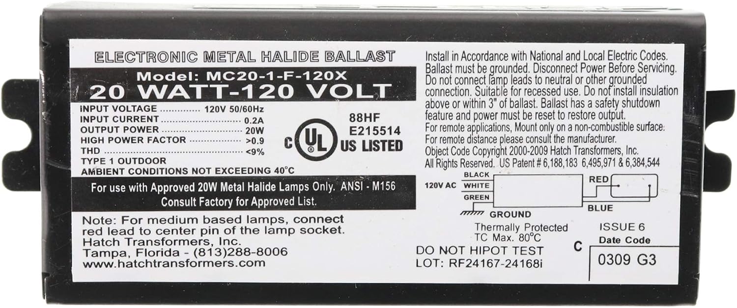 Hatch MC20-1-F-120X Electronic MH Metal Halide Ballast, 1-Lamp, M156, 20W, 120V