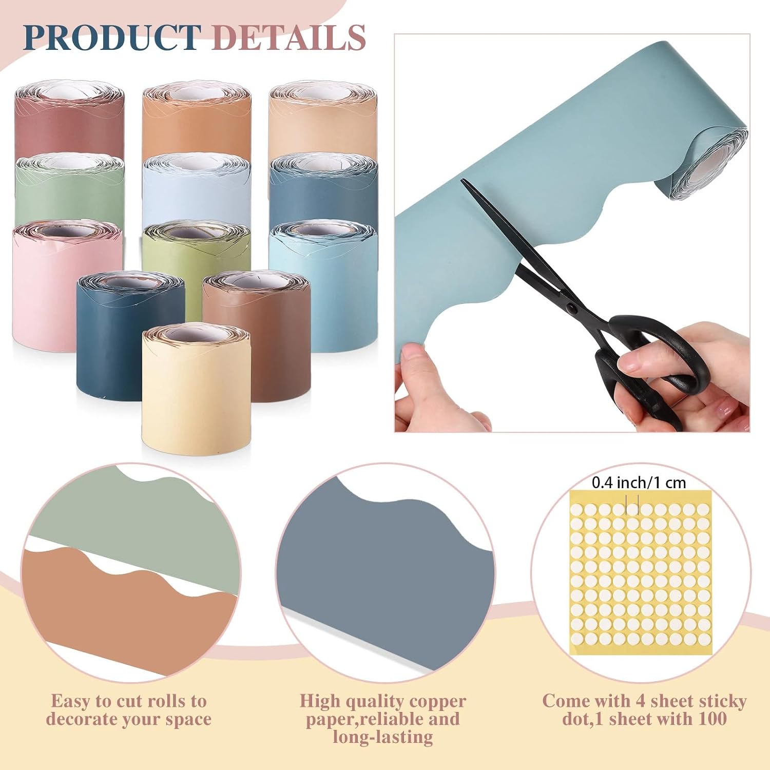 Zhanmai 590ft Classroom Bulletin Board Borders Sets, 12 Rolls Borders for Bulletin Board Scalloped Trims Decoration for Fall School Office Chalkboard Whiteboard Poster Decor(Boho Color)