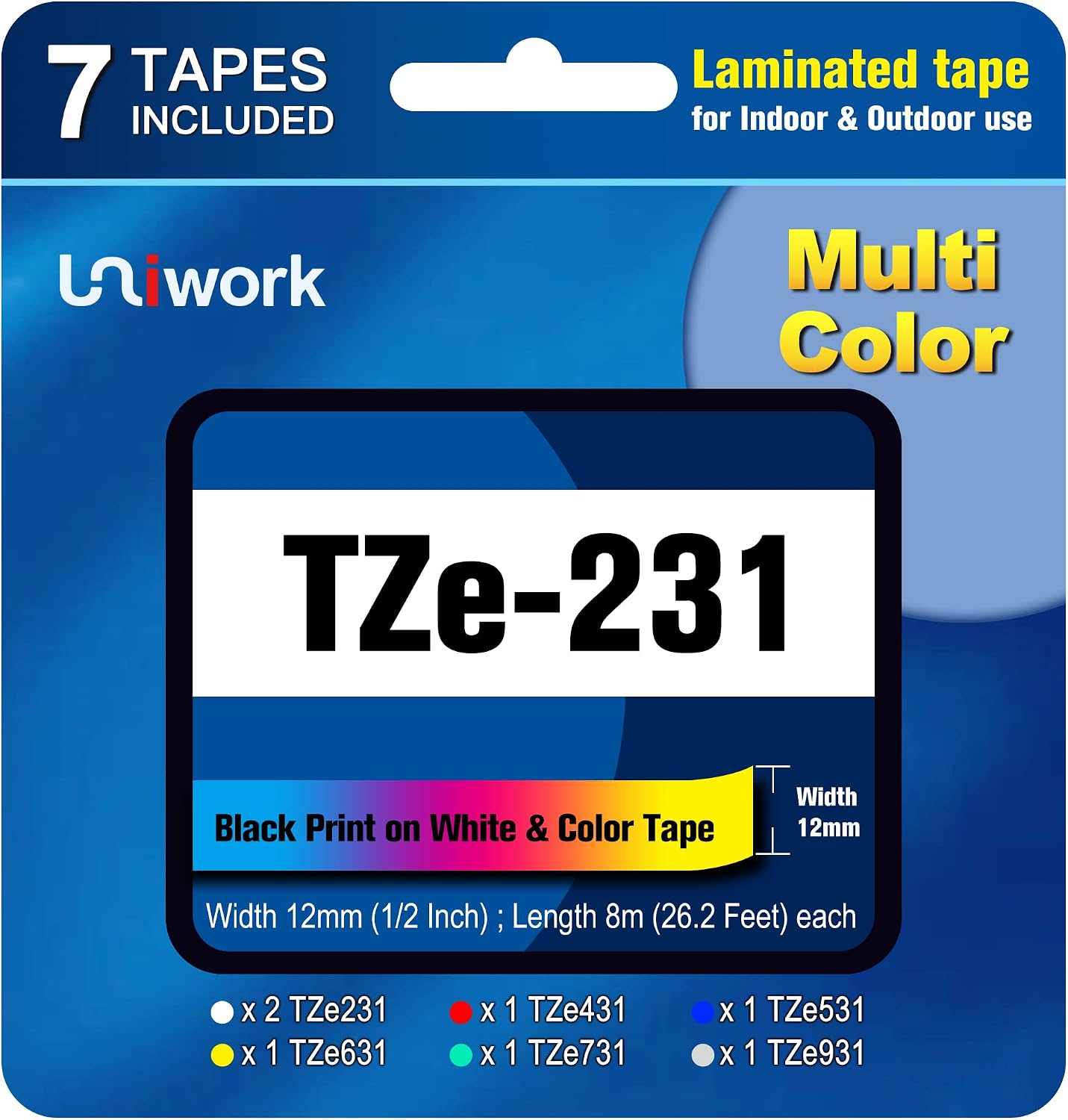 Uniwork TZe-231 7-Pack Compatible Label Tapes Replacement for Brother P Touch TZe231 TZe 231 431 531 631 731 931 P Touch Laminated 12mm 0.47 Inch for Ptouch PT-D210 H110 D400 Label Maker, Multi Color