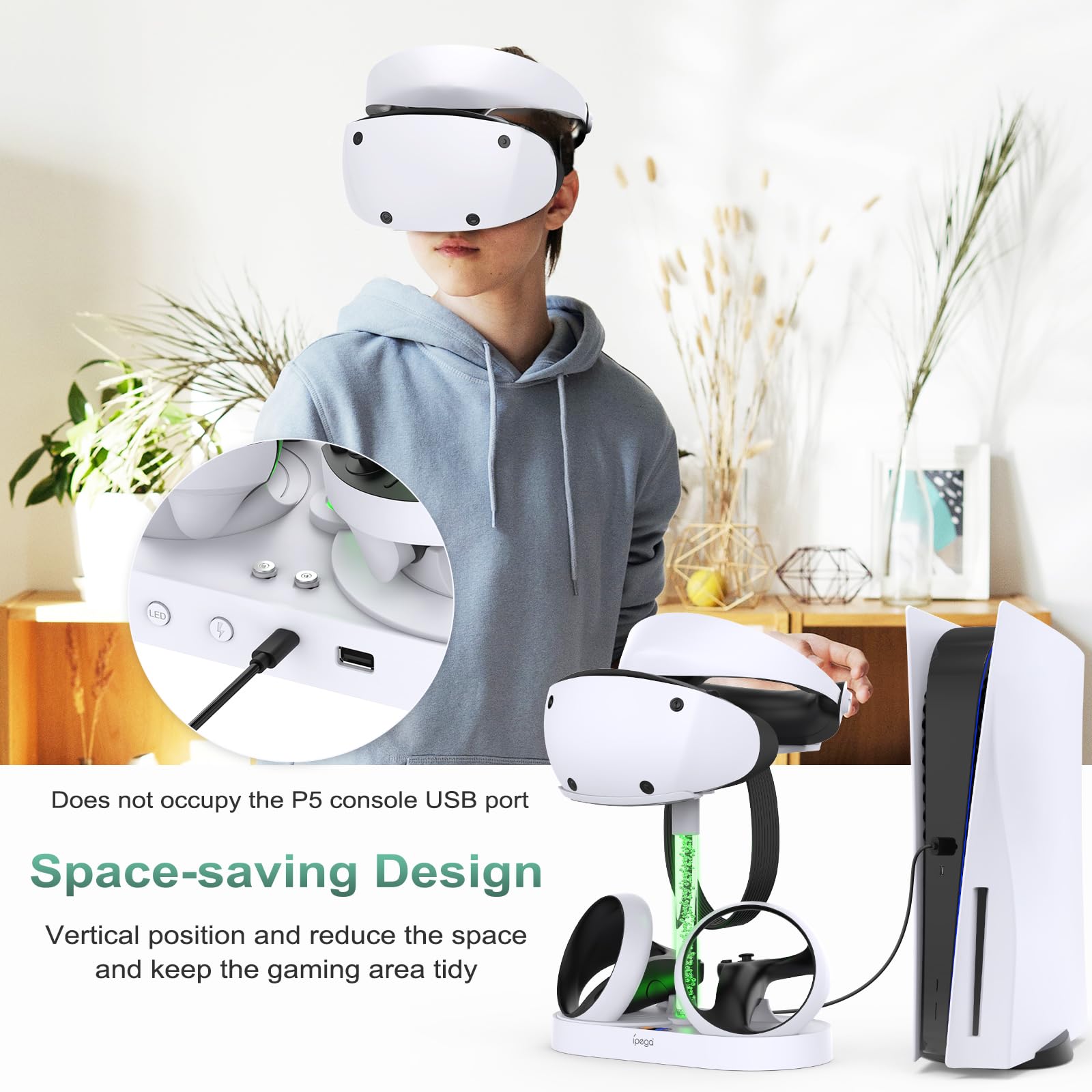 FASTSNAIL Station de Charge pour PS VR2 avec Mémoire de 10 Modes RGB | Charge Magnétique Double, Indicateur de Charge Séparé, Rangement pour Écouteurs et Casque