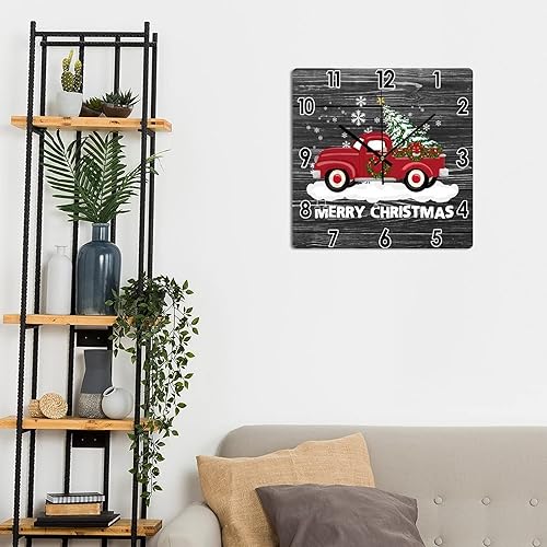 Miniatura 5 de Reloj de pared colgante de camión rojo con árbol de Navidad, reloj de PVC de bienvenida para invierno, reloj de pared de Navidad, funciona con