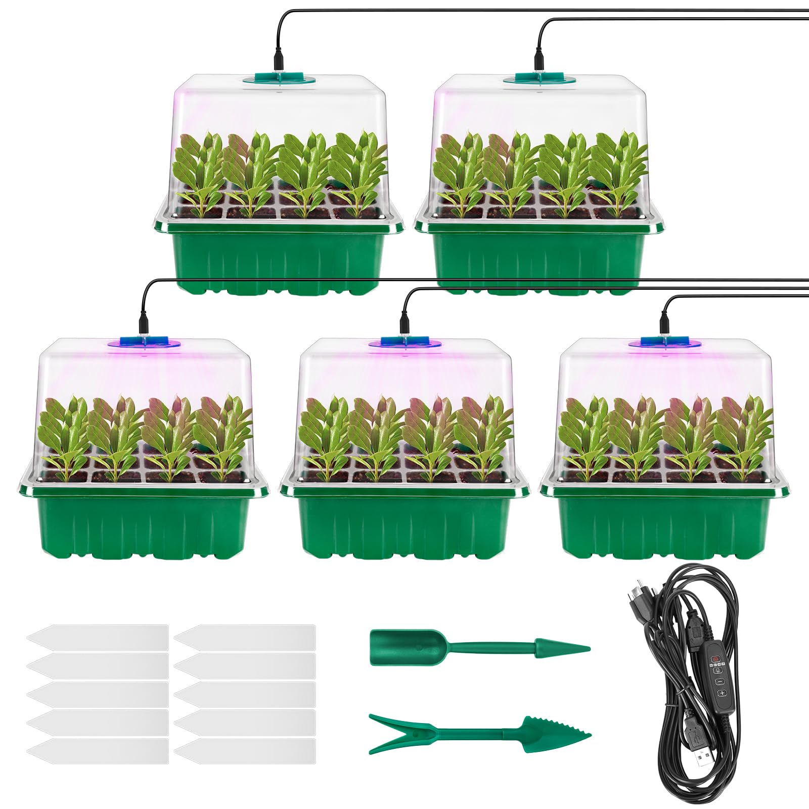 Samen-Starter-Tablett mit Wachstumslicht, Starter-Set mit Feuchtigkeitskuppel, einstellbarer Helligkeits-Zeit-Treiber, 8 LEDs, Setzling-Starter-Tabletts mit erhöhten Deckeln