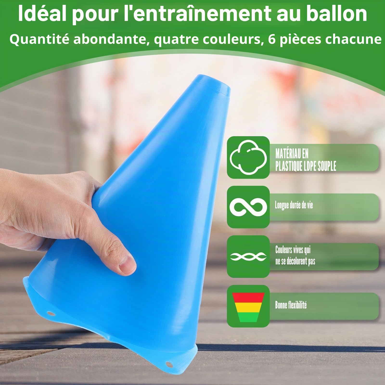 AKOLAFE Lot de 24 Cônes d'Entraînement 23x13.5cm Plots de Marquage en LDPE Souple et Incassable Plot Sport de 4 Couleurs avec Sac de Transport Cône de Signalisation pour Football Roller Agilité École