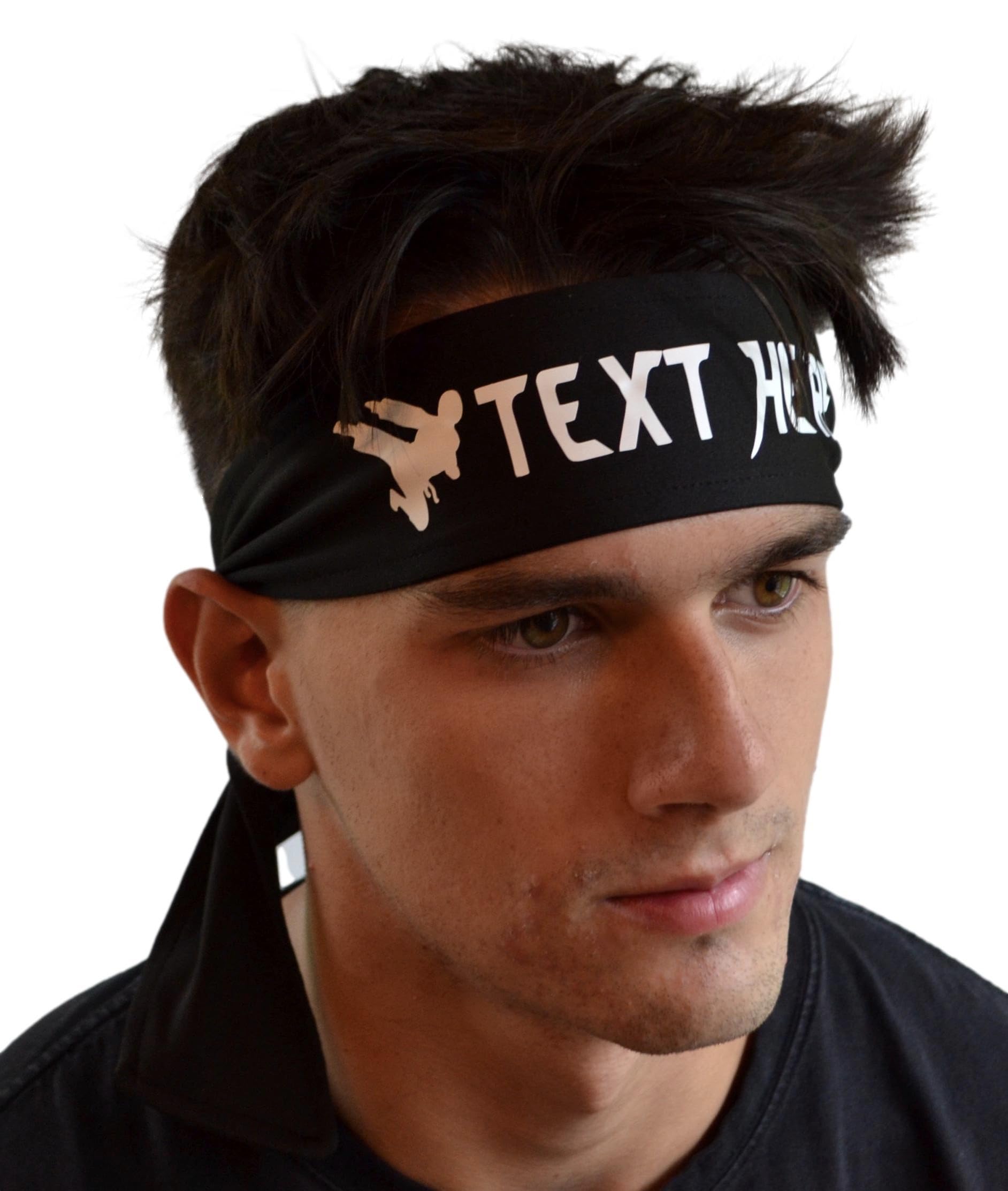 Funny Girl Designs Martial Arts Personalized Custom Tie Back Headband with Kicking Silhouette Teakwondo in Vinyl (White Headband)