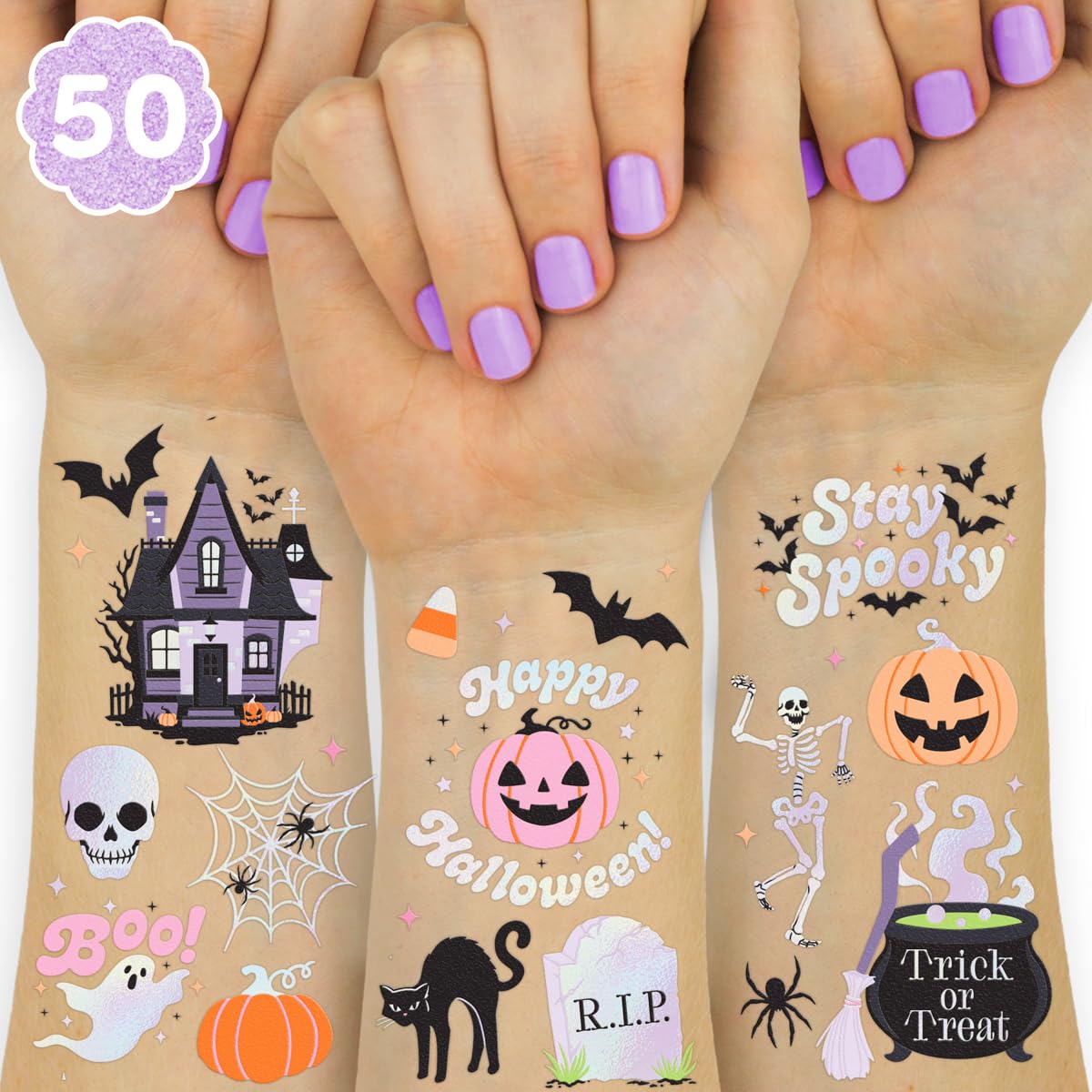 xo, Fetti Halloween Temporary Tattoos - 50 Iridescent Styles | Spooky Decorations, Kids Party Accessory, Haunted House Theme Favor, Trick or Treating Gift