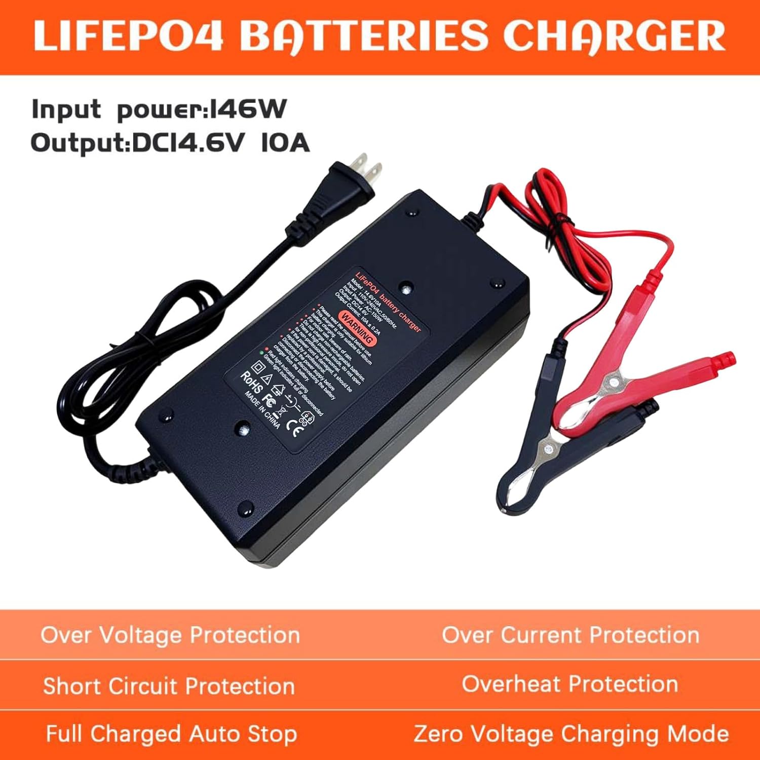 12V Lithium Battery Charger 14.6V 10A LiFePO4 Battery Charger, 3-Stage Smart Charger with LED Indicator, Multi-Protection, High Charging Efficiency, Special for 12V Lithium Iron Phosphate Battery