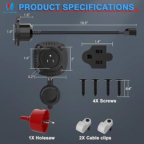 Miniatura 7 de MICTUNING Enchufe de puerto de CA de 20 pulgadas de 15 A con cable de extensión integrado de alta resistencia con tapa y sierra de agujero
