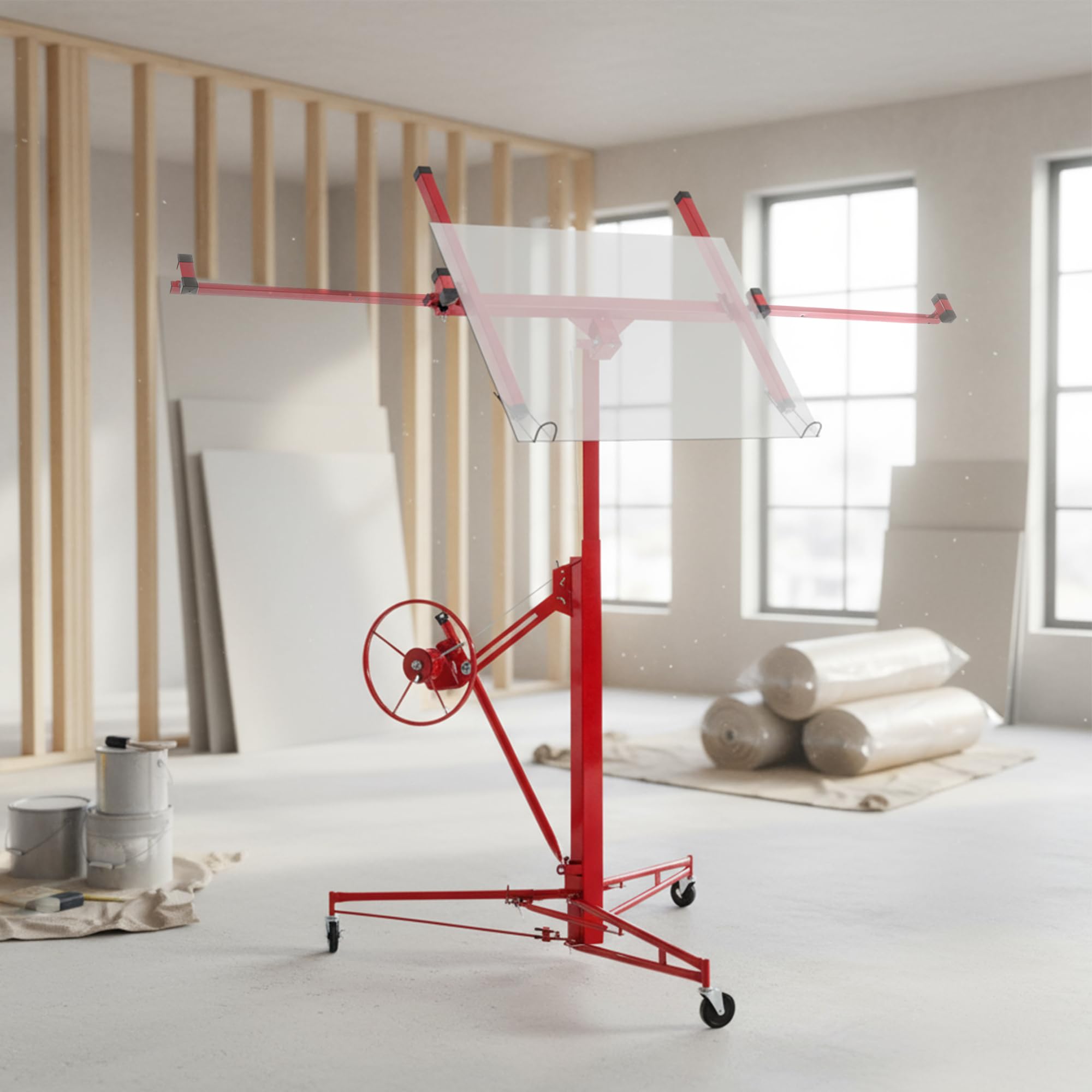 XXL Plattenheber Traglast bis 68 kg Arbeitshöhe 140-350 cm Max. Breite 2,90 m, 1-Mann-Bedienung Trockenbau Montagehilfe Mit 3 Bremse-Rädern für Innenausbau Rot