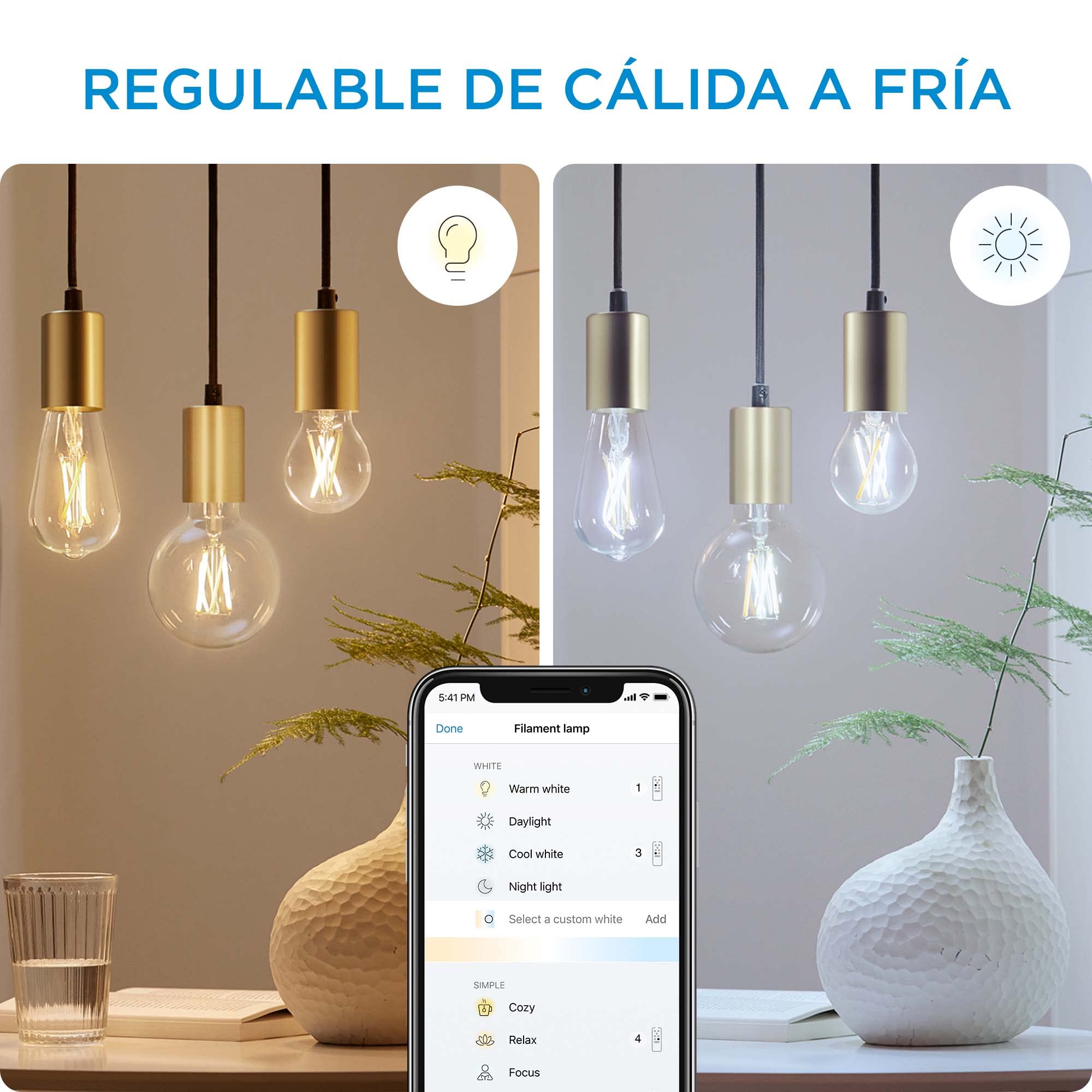 WiZ - Bombilla inteligente Filamento LED Wi-Fi, 6,7w (Eq. 50w) E27 A60, Luz Blanca Cálida a Fría Regulable, con tecnología SpaceSense y compatible con Alexa y Google Home