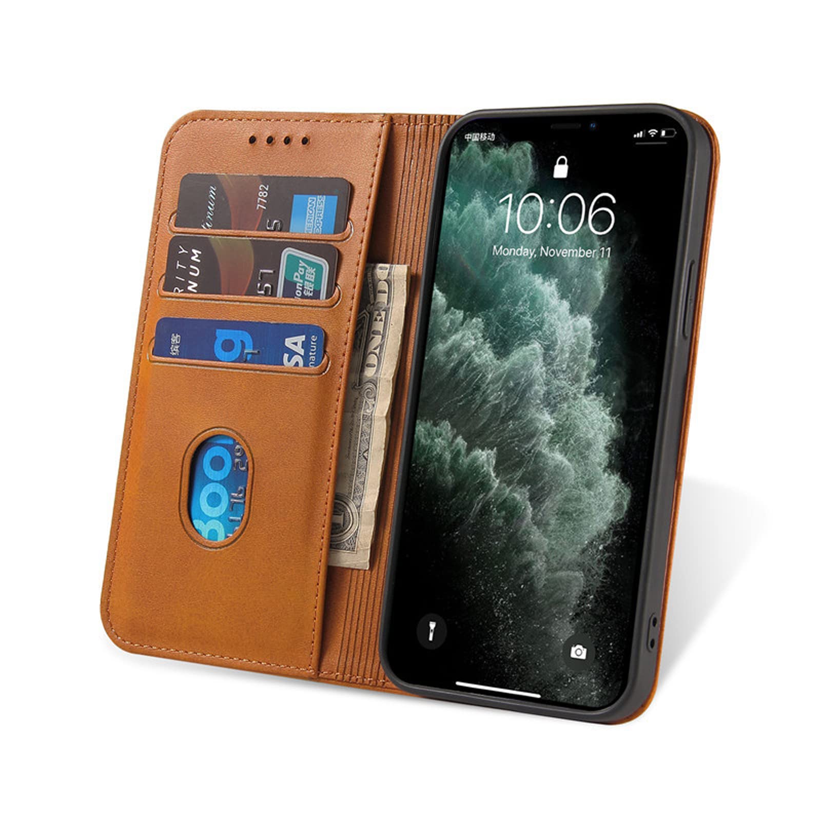 LTL Etui na telefon do iPhone 13 Mini/13/13 Pro/13 Pro Max, ręcznie robione skórzane etui z klapką z przegródkami na karty, etui na telefon, magnetyczne zamknięcie, żółte, 13 mini 5,4 cala