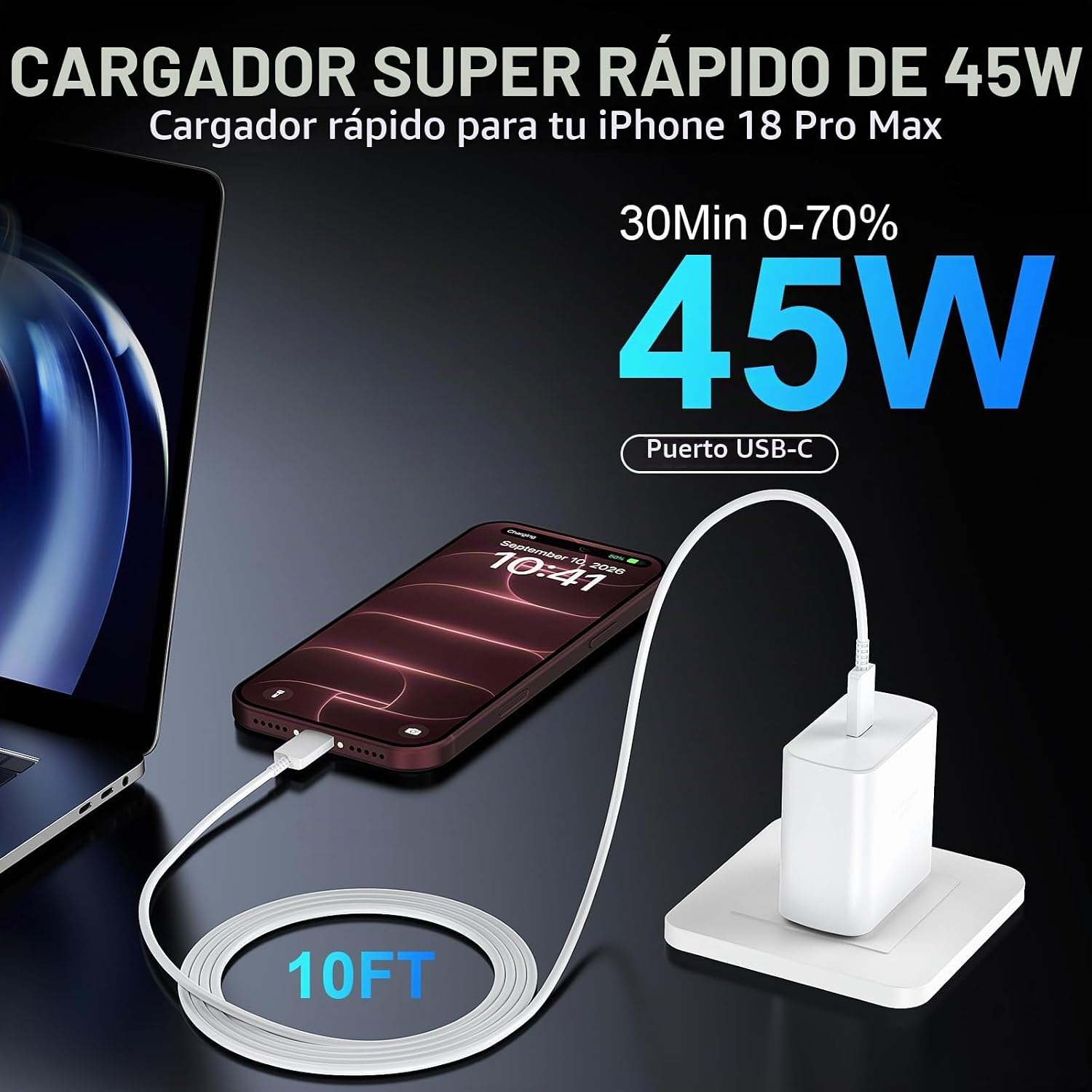 Duloch Cargador USB-C de 45 W con cable de 10 pies, foto 4