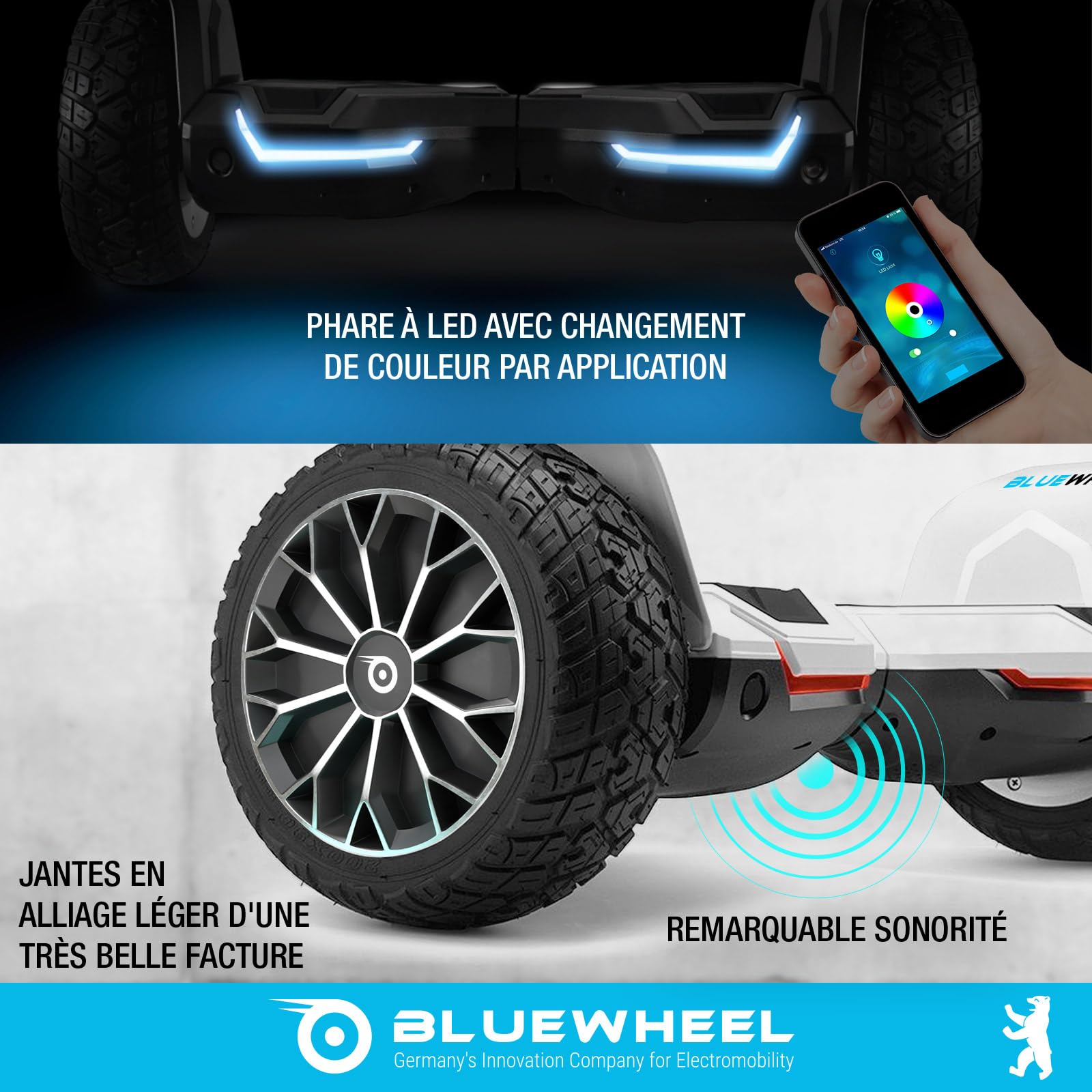 Bluewheel HX510 Hoverboard Tout Terrain 8,5 Pouces, Double Moteur, App, LED | Marque allemande, haut-parleur Bluetooth, éclairage LED, pneus SUV robustes, contrôle par app, mode enfant, , jusqu'à 120 kg