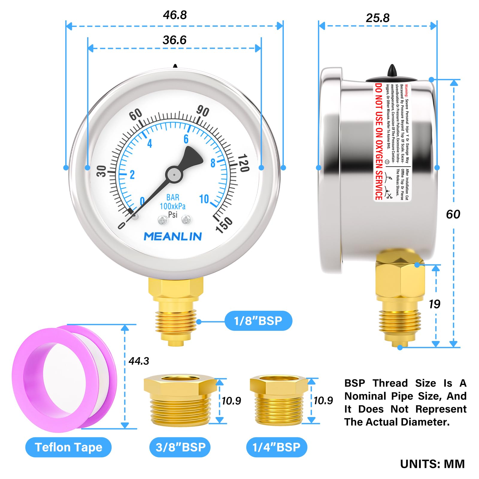 MEANLIN MEASURE 0~10BAR/0~150PSI Suchy manometr ze stali nierdzewnej 1/8" BSP 2" FACE DIAL wodoodporny do pompy studni, ciśnienie wody, dolny montaż, z gniazdem sześciokątnym 1/4" BSP i 3/8" BSP