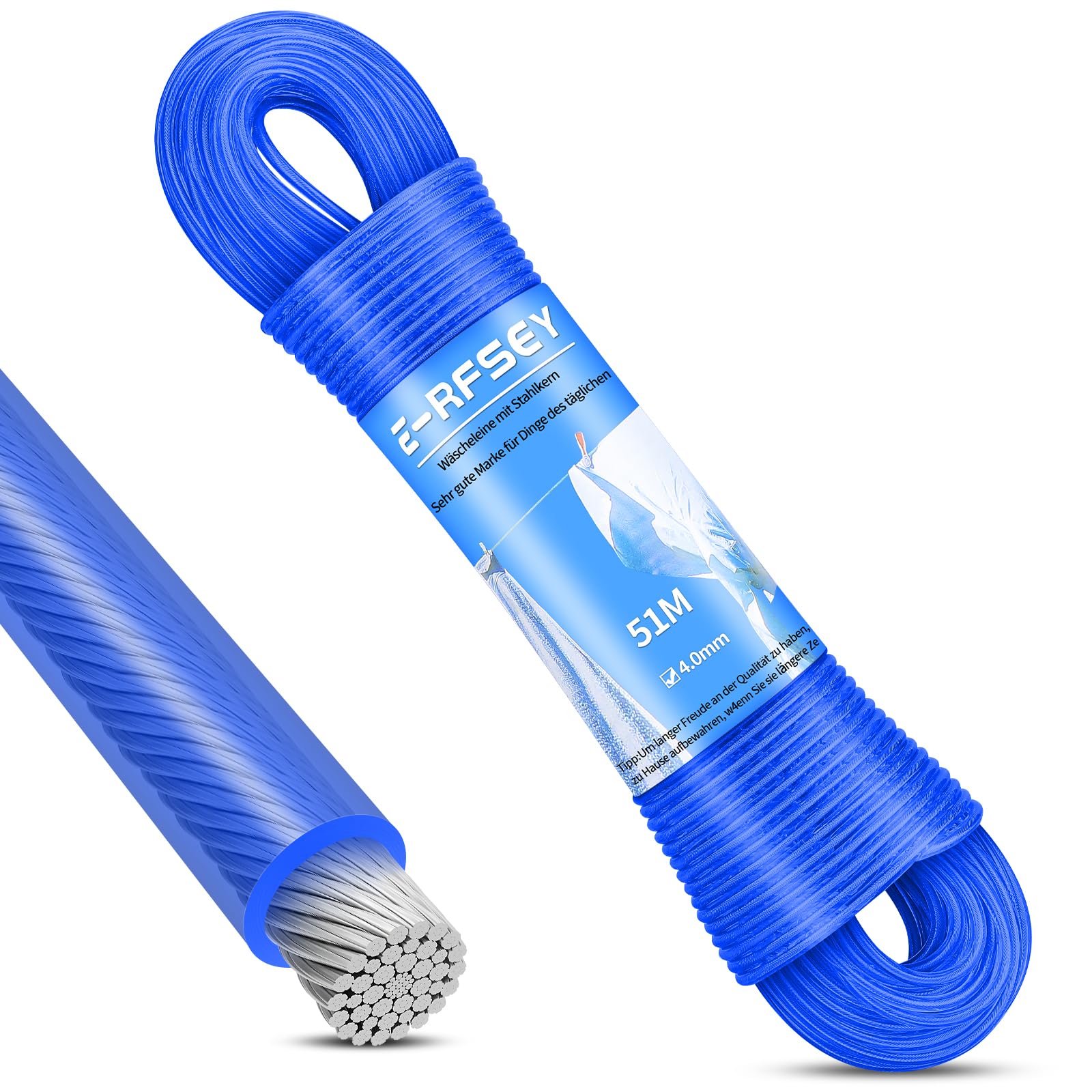 51 m Outdoor Washing Line with Steel Core, Heavy Duty Extra Strong Washing Line with a Load Capacity of 220 kg, Rustproof and Waterproof Washing Rope for Garden (Blue 4 mm) — image 1