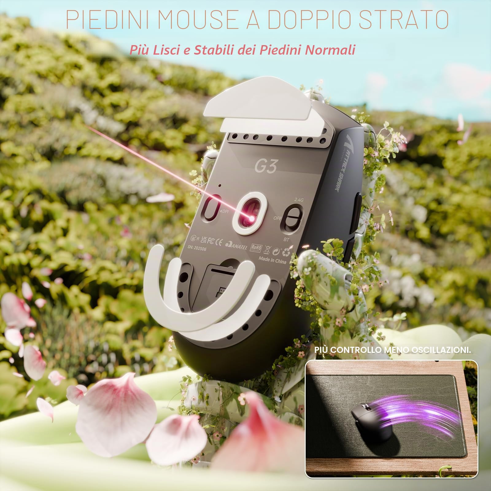 ATTACK SHARK G3 Mouse Gaming Wireless, 59g SUPERLIGHT, 25000 DPI, Sensore PixArt PAW3311, 80 Milioni di Click, Bluetooth/2.4G/USB-C Cablato, Batteria da 500mAh, per PC/Mac, Nero