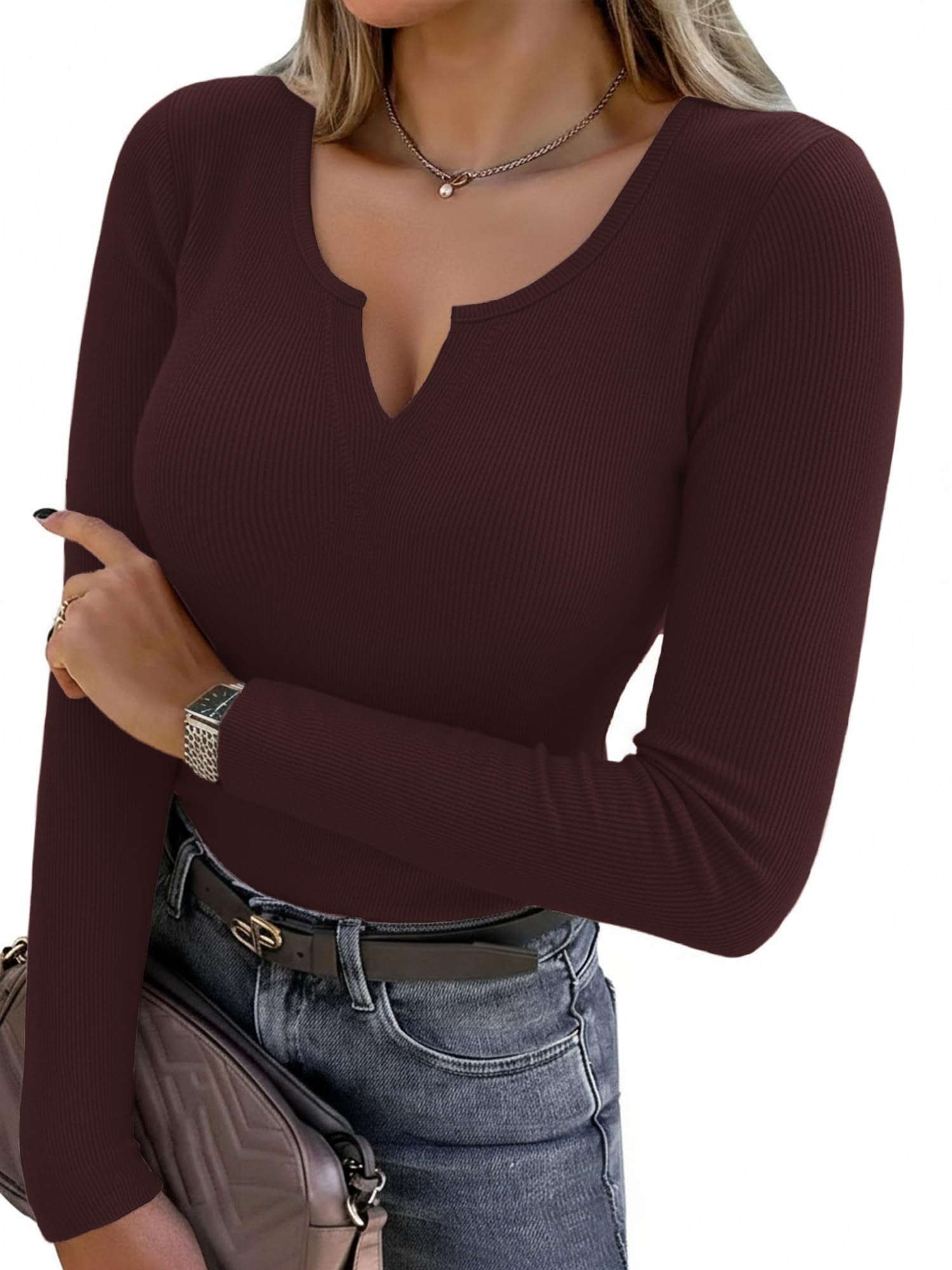 Aottori Damen Langarmshirt Gerippt Elegant Oberteile V-Ausschnitt Langarm Pullover Baumwolle Slim Fit T-Shirt Stretch Casual Basic Top