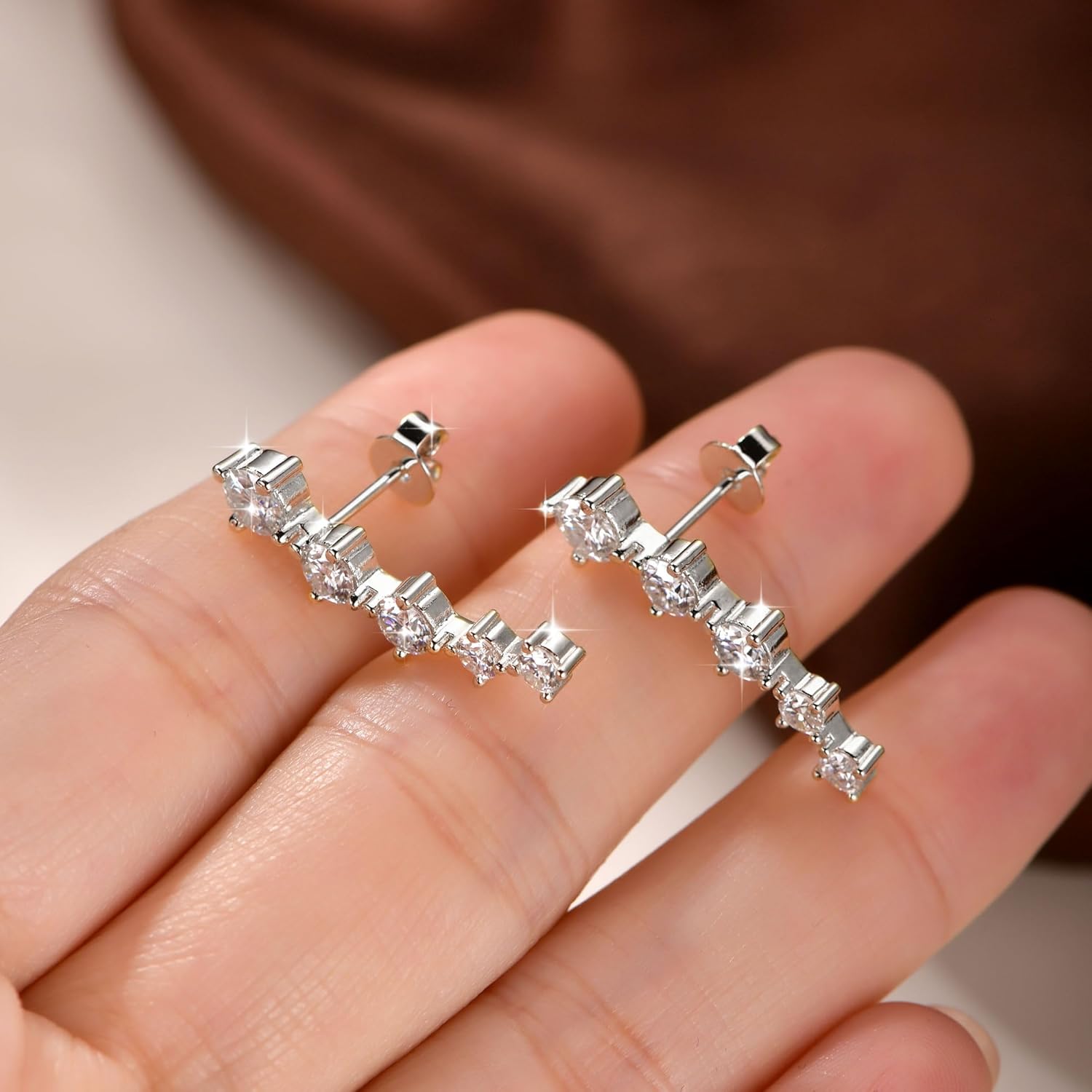 Moissanite Crawler Stud Earrings for Women, 14K Gold Plated Imitation Diamond 2.4 Carats Earrings Jewelry Valentine Anniversary Day Birthday Gifts for Her