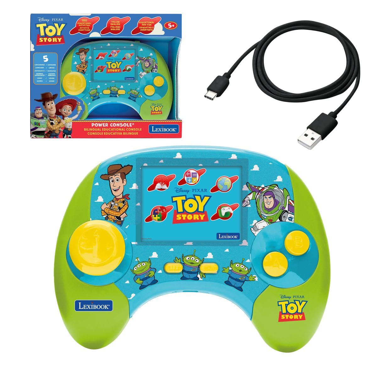Lexibook, Disney Toy Story, Console di Giochi educativi parlanti bilingue Italiano e Inglese, 100 attività, Schermo LCD 2,8"/7 cm, Batteria Ricaricabile, USB-C, Verde, JCG100TSi5LXB