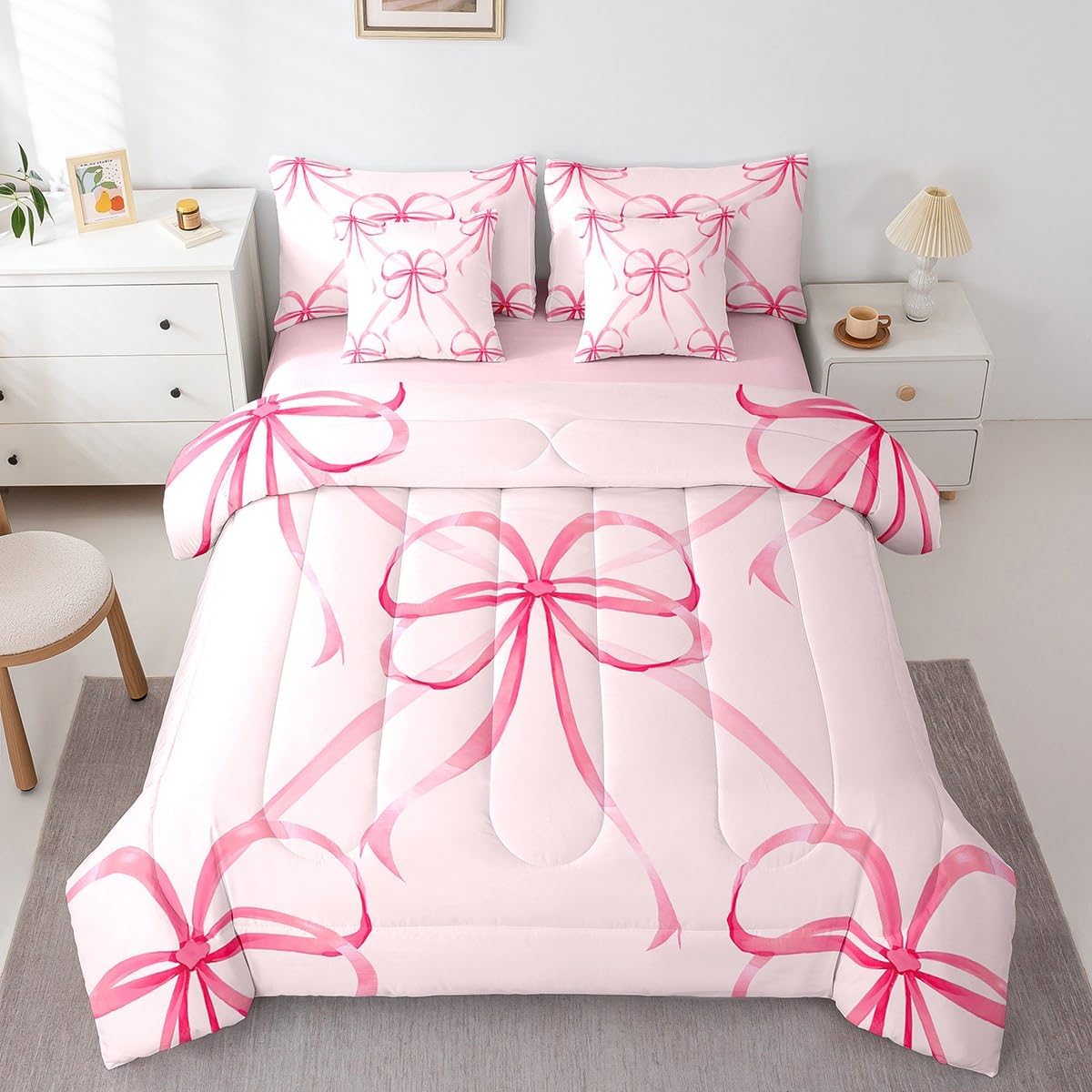 Erosebridal Pink Ribbon Bow Queen Bedding Set, Western Cowgirl Bowknot Bed in A Bag,Preppy Coquette Bow Comforter Sets with Sheets, Lovely Princess Butterfly Knot 7 Pieces Bed Set Bedroom Decor