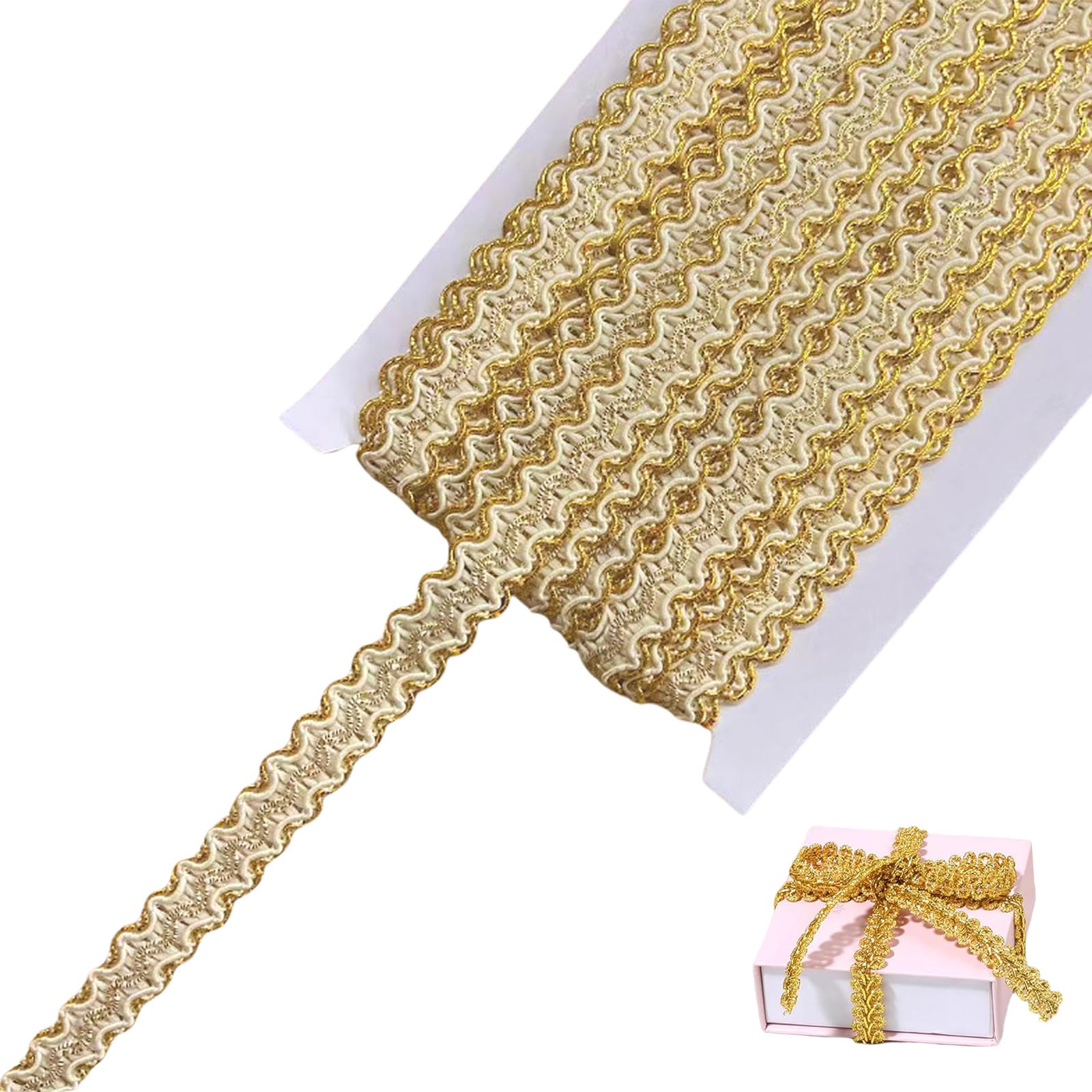 KinetiCore 12m x 15mm Gold Edge Woven Braid Trim – Handmade Polyester Sewing Metallic S Wave Craft Decorative Trim with Card for Curtain, Slipcover, DIY Costume & Home Decor