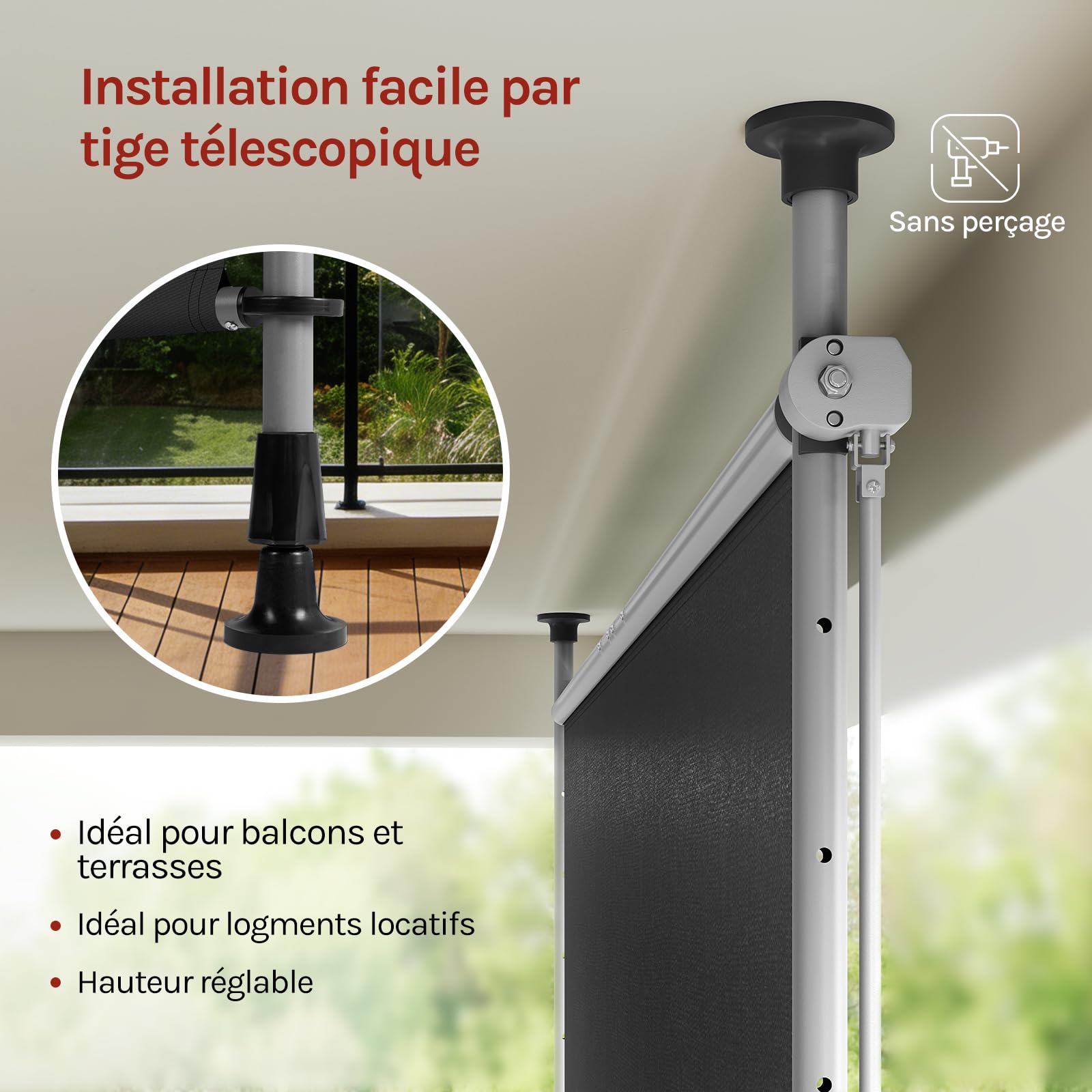 WOLTU Store Vertical Rétractable avec Manivelle, 200x310 cm, Brise-Vue Vertical Balcon, en Tissu Opaque, Protection Solaire, Résistant aux Intempéries, Montage sans Perçage, en Gris