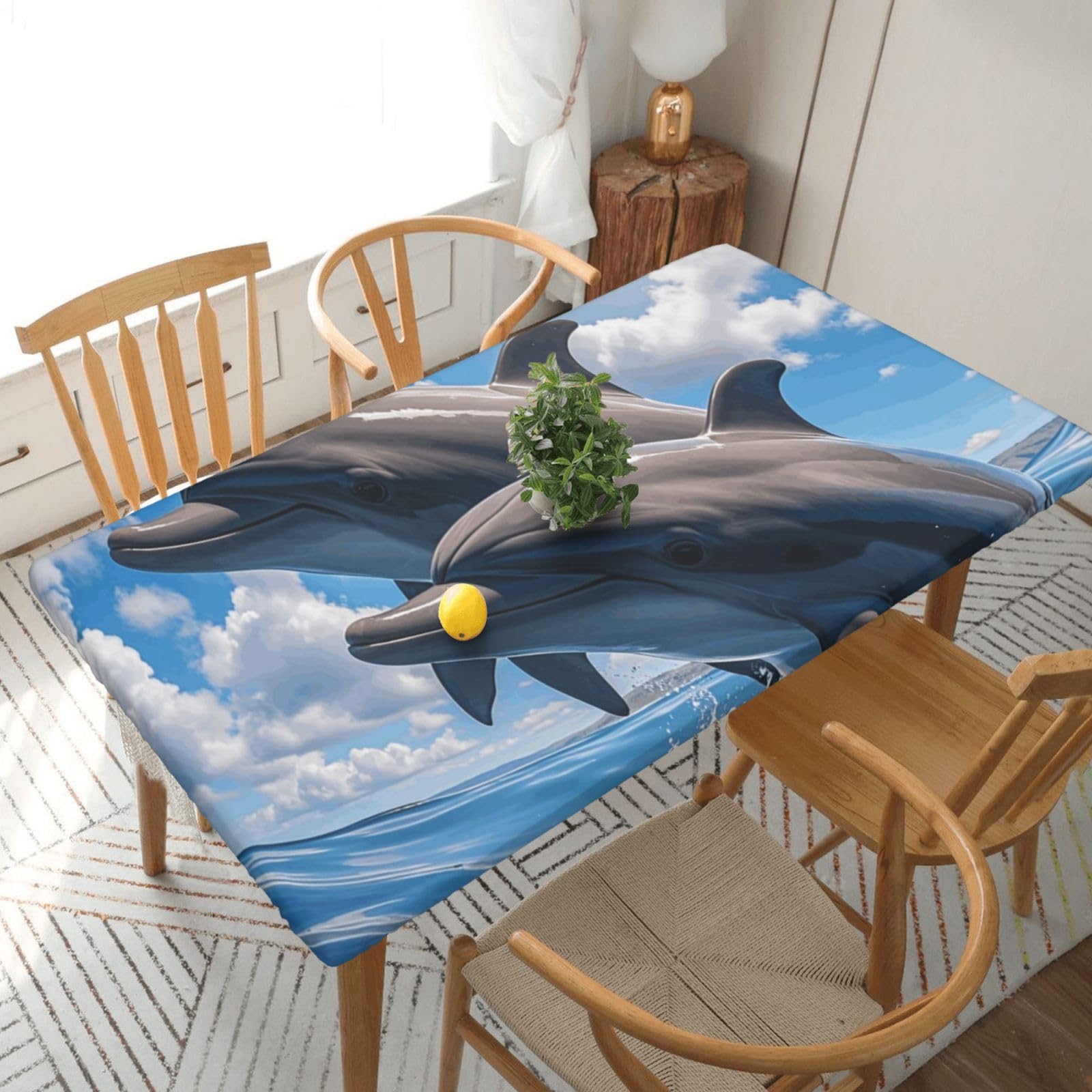 Fodpand Black Two Dolphins Spandex Fitted Tablecloth For 5 Foot Rectangle Tables,Waterproof Picnic Table Cover Stretch Table Cloth Washable Table Protector For Picnic, Camping, Outdoor