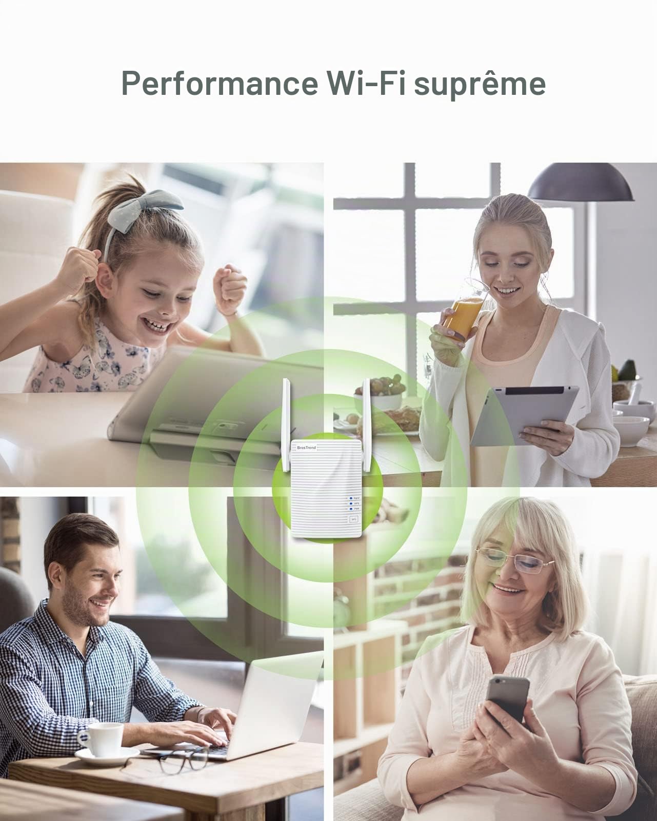 BrosTrend Répéteur WiFi AC1200Mbps, Amplificateur WiFi, WiFi Extender, Booster WiFi, Couverture WiFi Étendue 5 GHz & 2,4 GHz Double Bande, Compatible avec Toutes Les Box Internet, 1 Port Ethernet