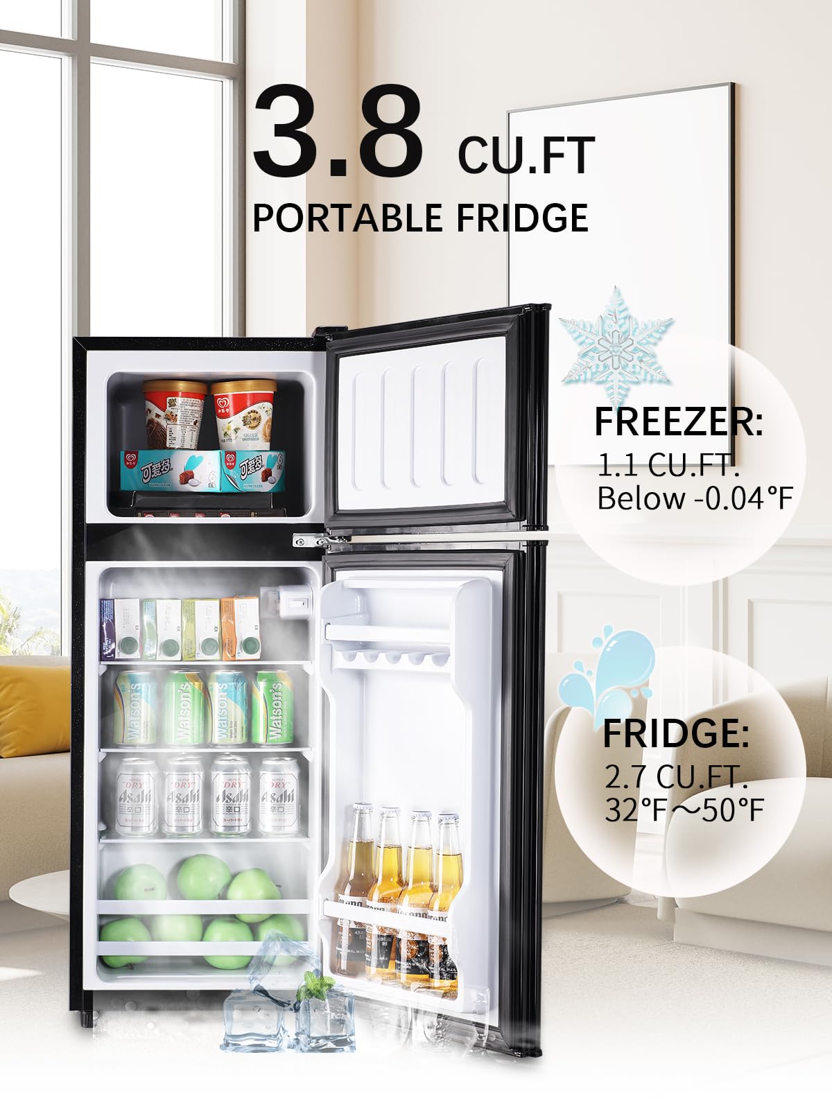 Krib Bling 3.5 Cu.Ft Refrigerator 2 Door 7 Level Adjustable Thermostat Control Top-Freezer Refrigerator Lock Fresh Energy Saving Blue on Fridge.com - View 4