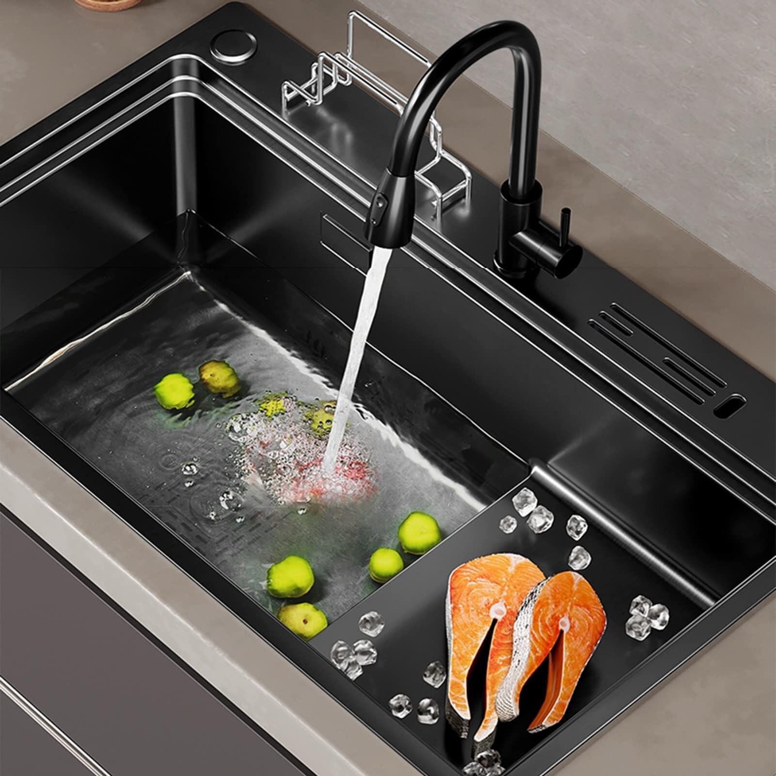 SDdPulse Lavello da cucina in acciaio inox per cortile ufficio – Drop-in o sottotop lavello con stazione di lavoro a vasca singola con rubinetto a cascata, nero, 72 x 45 cm