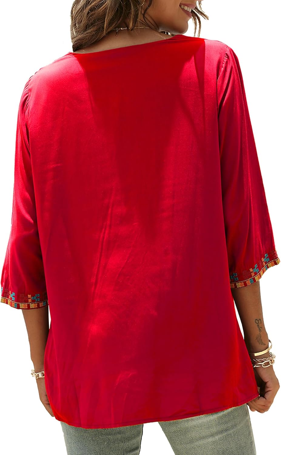 Mexican Shirts Peasant Blouses Bohemian Embroidered Tops Boho Clothes for Women (US, Alpha, 2X-Large, Regular, Regular, red-328) - Image 5