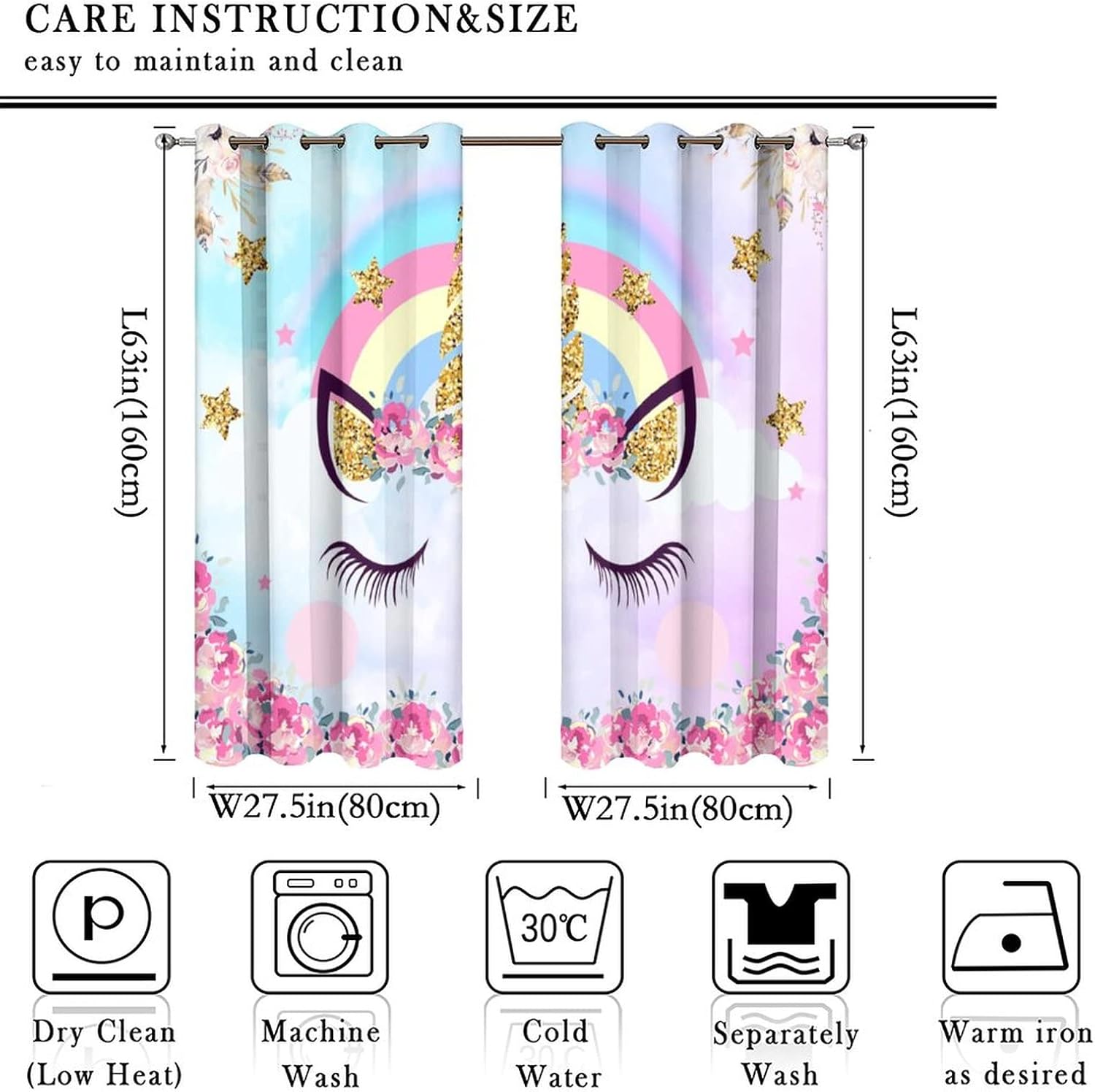Cartoon Unicorn Ultra Soft Premier Blackout Curtains,Cute Rainbow Girly Pink Animal UnicornThermal Insulated Bedroom Noise Reducing Patio Door Grommet Top,2 Panels 63L x 27.5W
