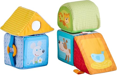 Miniatura 3 de HABA Bloques suaves de animales para bebés de 6 a 12 meses – 5 juguetes sensoriales para bebés de forma geométrica con sonajero, espejo, chirriante