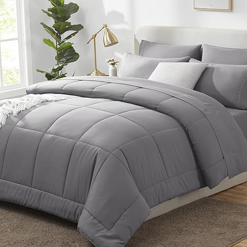 CozyLux Juego de edredón tamaño Queen gris, 7 piezas de cama en una bolsa, edredón gris tamaño Queen, juegos de ropa de cama para todas las