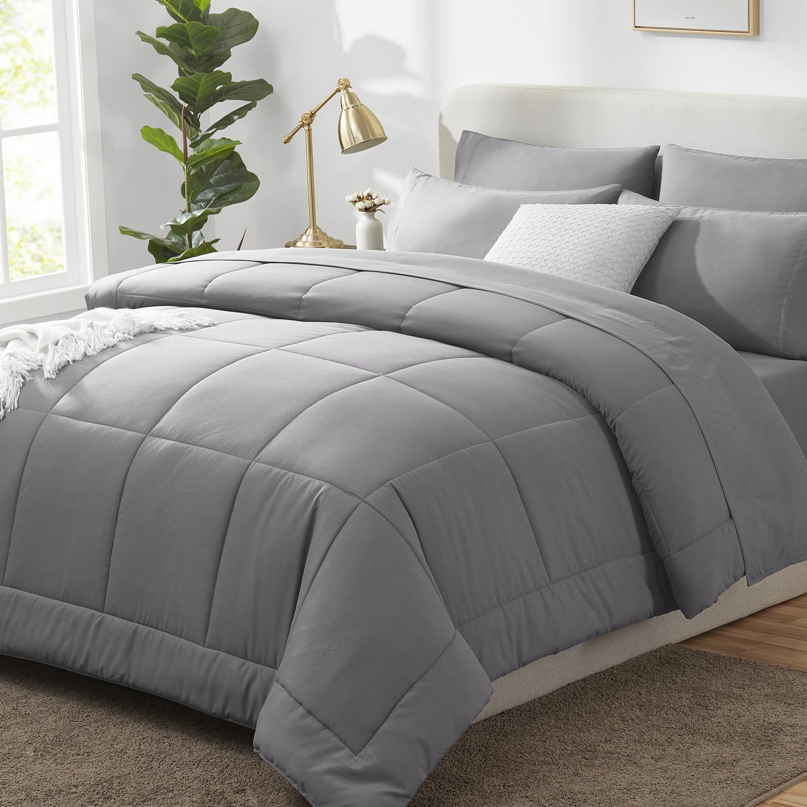 CozyLux Queen Comforter Set Grey, 7 Pieces Bed in a Bag, Gray Comforter Queen Size, All Season Bedding Sets with Stitch Quilted Comforter, Flat Sheet, Fitted Sheet, Pillowcases
