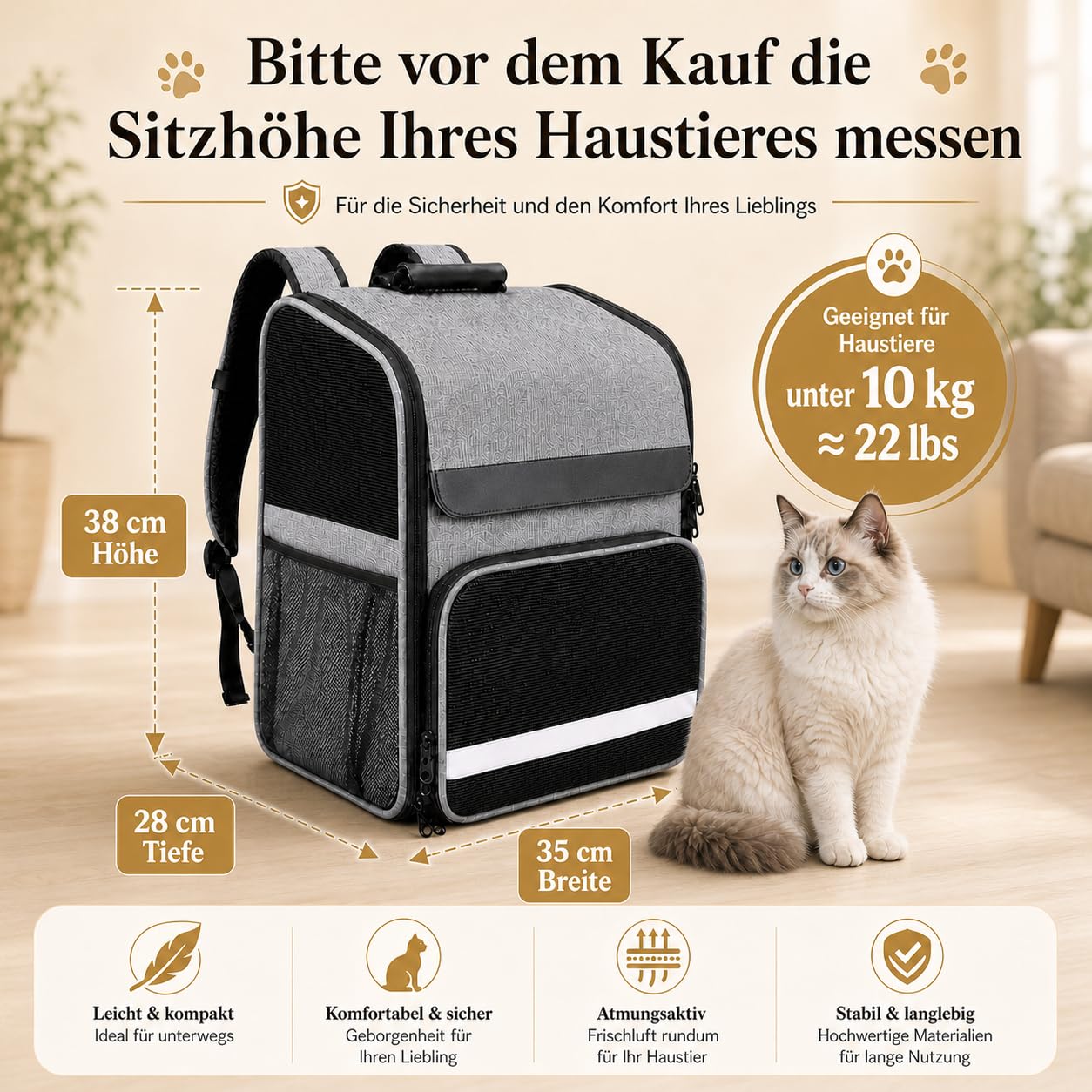 Katzenrucksack, Tragbare und Faltbare Katzentasche, Atmungsaktive und Leichte Hunderucksack, Multifunktionales Rutschfestes, Wasserdichtes Oxford-Tuch mit viel Platz, Grau 10kg