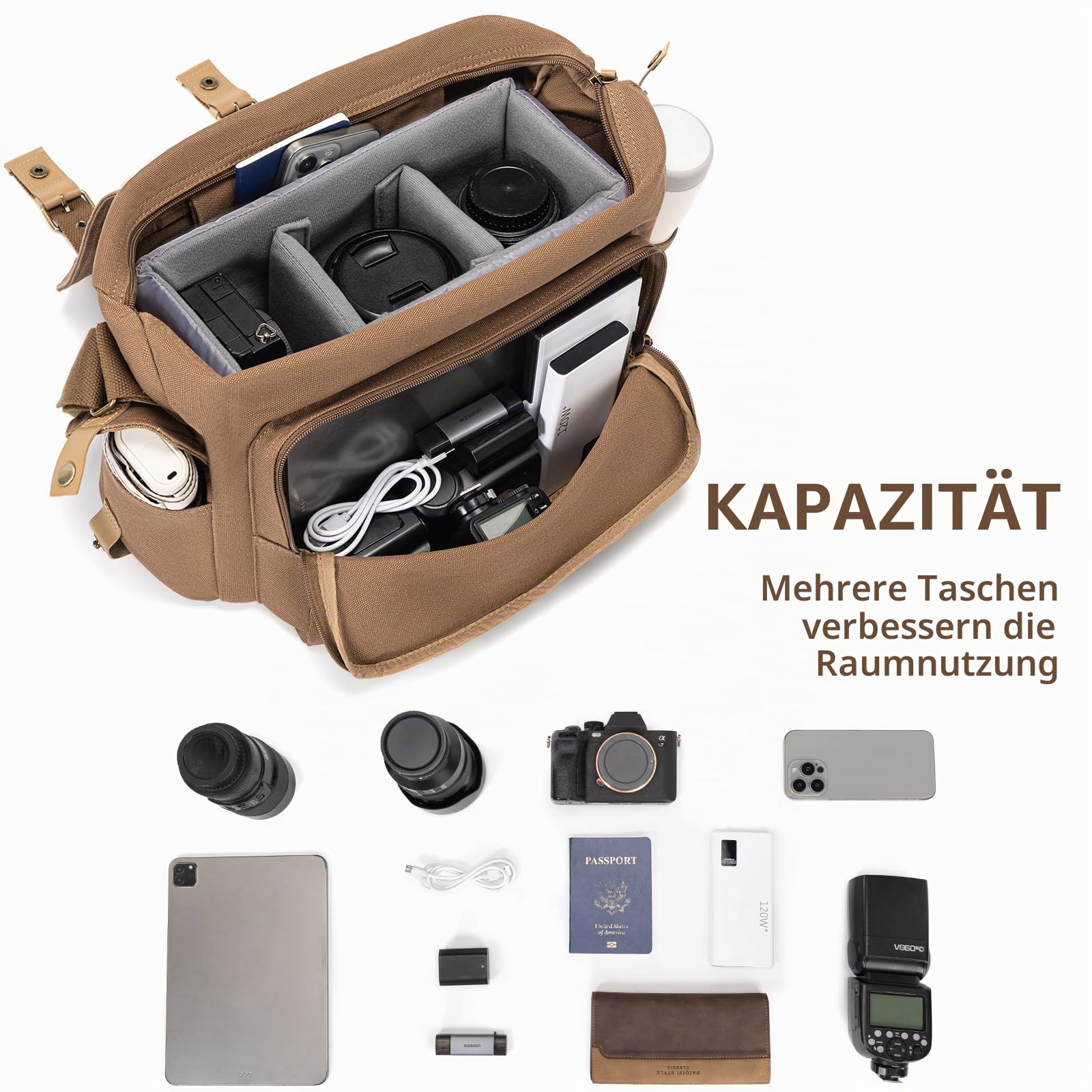 CADeN Large Camera Bag for Photographer, Wasserabweisend DSLR Kameratasche | Leicht Zu Reinigen, Kompatibel mit Sony Nikon Canon eos r50. Kamera Rucksack für DSLR/SLR Kamera Sling Bag, Braun. FOL, L